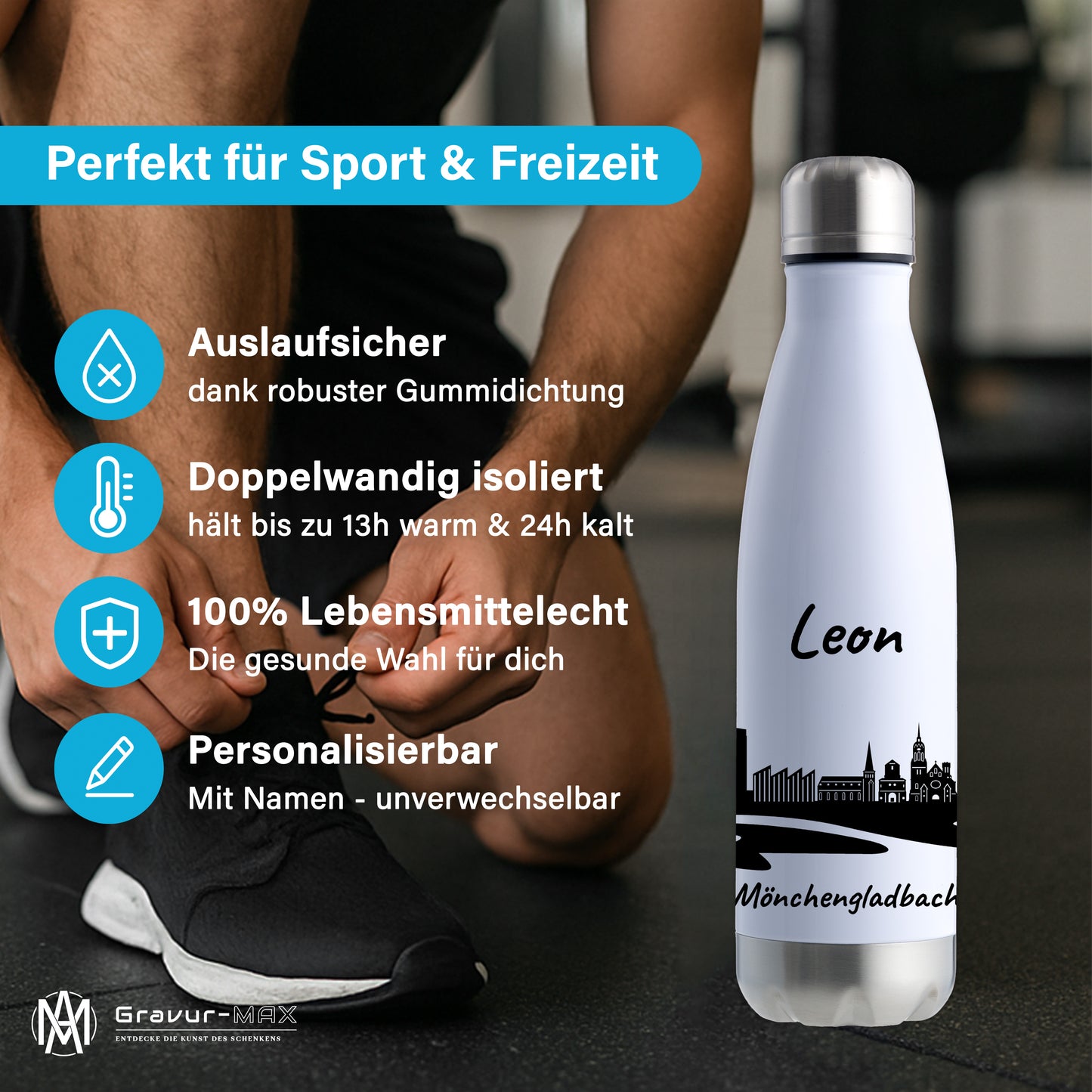 Trinkflasche in Weiß/Silber 500ml aus Edelstahl bedruckt mit der Skyline von Mönchengladbach personalisierbar mit Wunschname