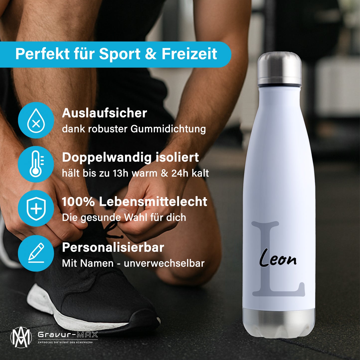 Thermoflasche 500ml aus Edelstahl in Weiß/Silber personalisierbar mit Wunschname auslaufsichere Trinkflasche
