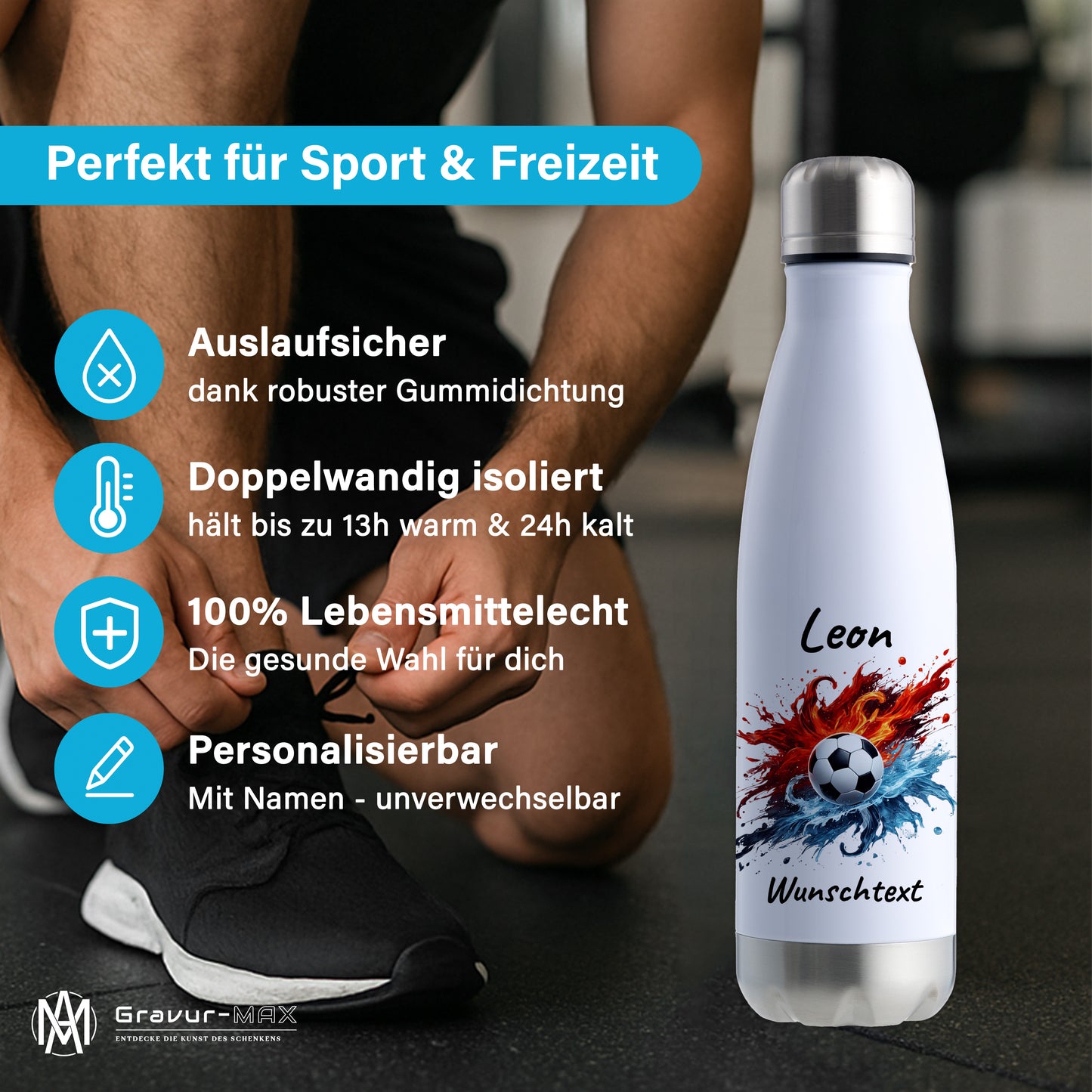 Thermoflasche 500ml in Weiß/Silber aus Edelstahl bedruckt "Fußball" Motiv12 personalisierbar mit Wunschname & Text