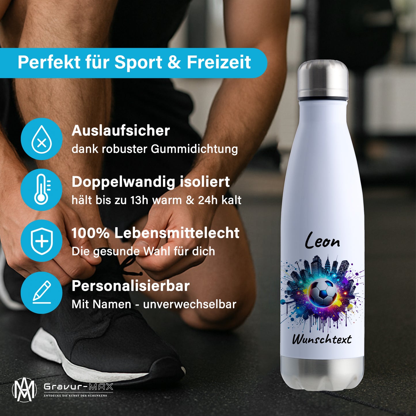 Thermoflasche 500ml in Weiß/Silber aus Edelstahl bedruckt "Fußball" Motiv7 personalisierbar mit Wunschname & Text