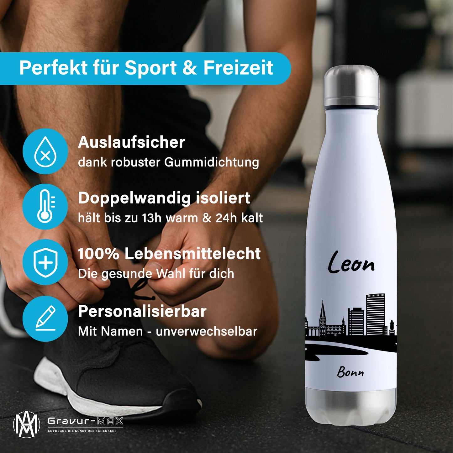 Trinkflasche in Weiß/Silber 500ml aus Edelstahl bedruckt mit der Skyline von Bonn personalisierbar mit Wunschname