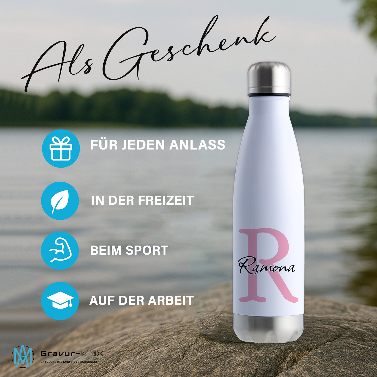 Thermoflasche 500ml aus Edelstahl in Weiß/Silber personalisierbar mit Wunschname auslaufsichere Trinkflasche