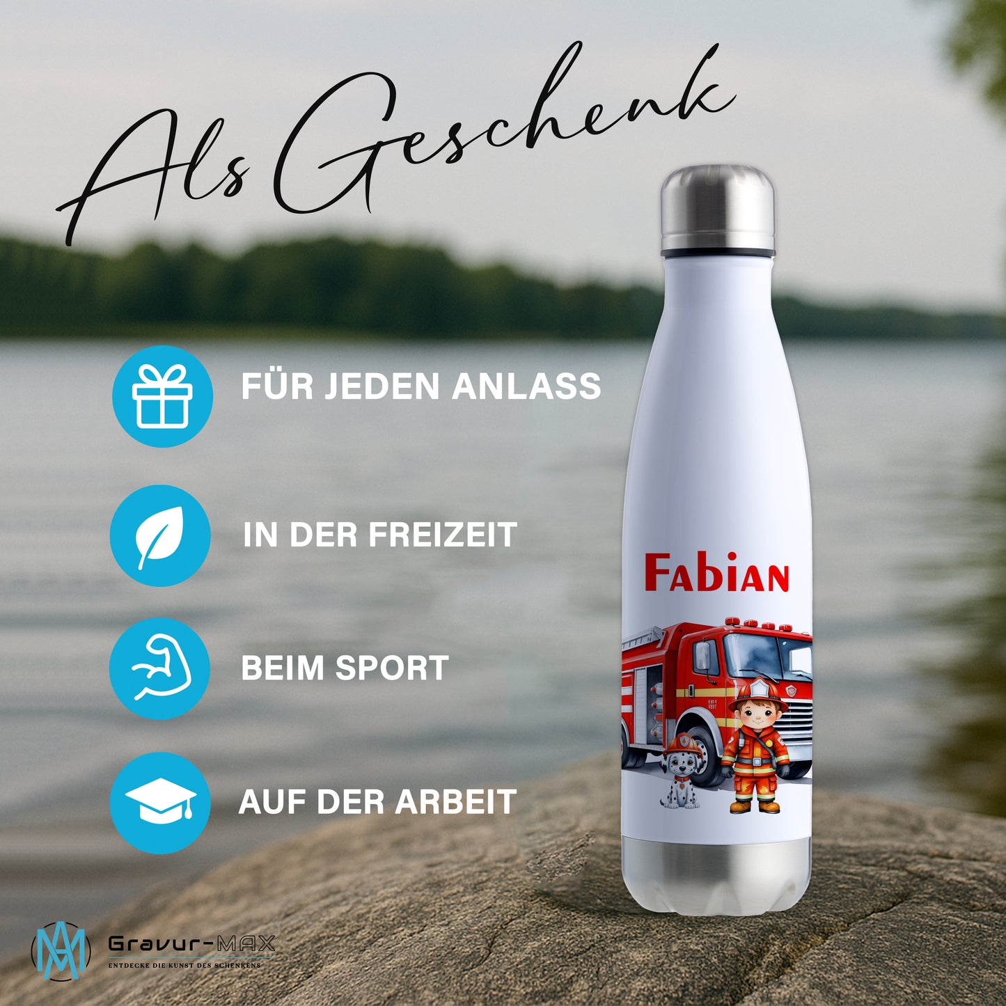 Thermoflasche 500ml in Weiß/Silber bedruckt mit tollen Motiven für Kinder "Feuerwehr" personalisierbar mit Wunschname