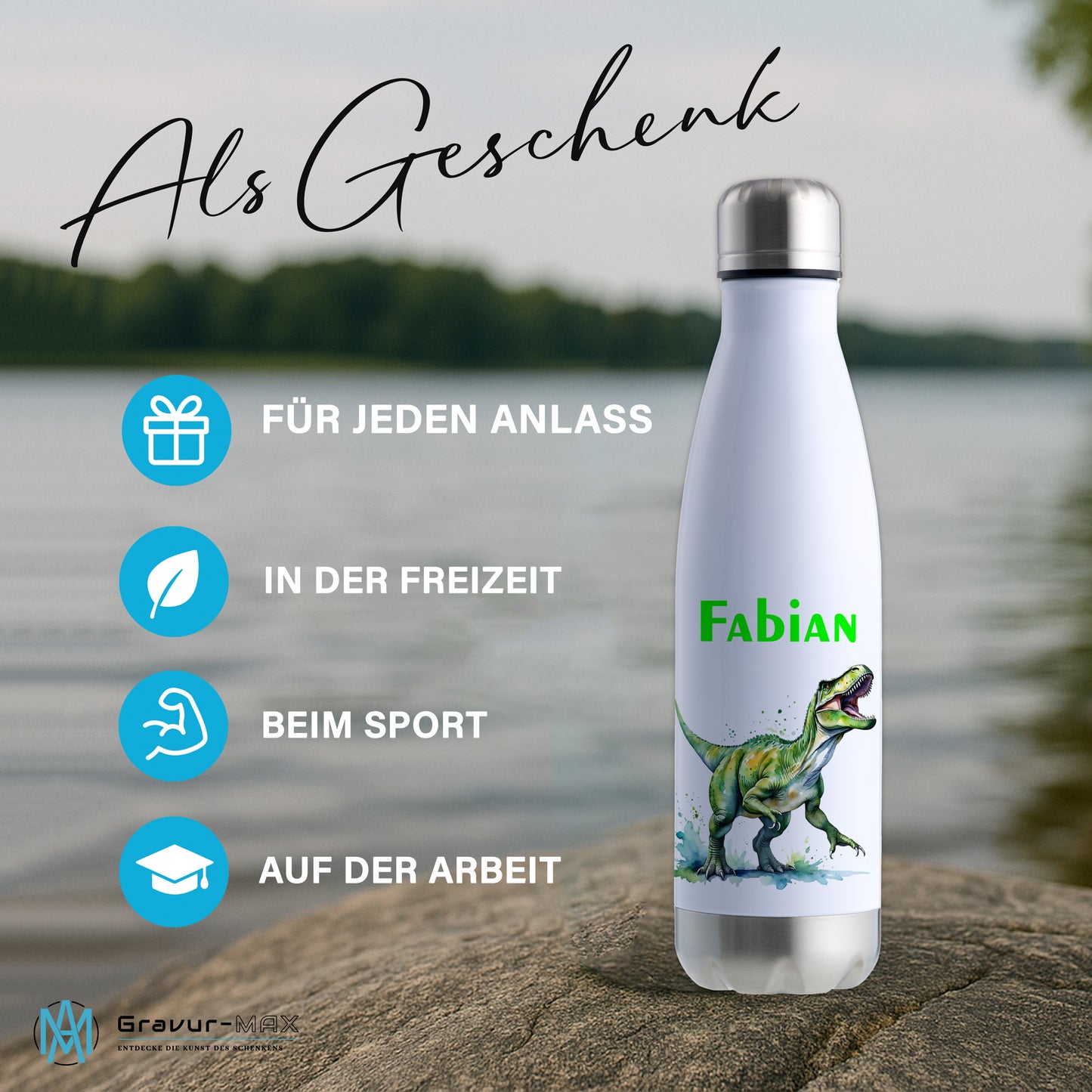 Thermoflasche 500ml in Weiß/Silber bedruckt mit tollen Motiven für Kinder "Dino T-Rex" personalisierbar mit Wunschname