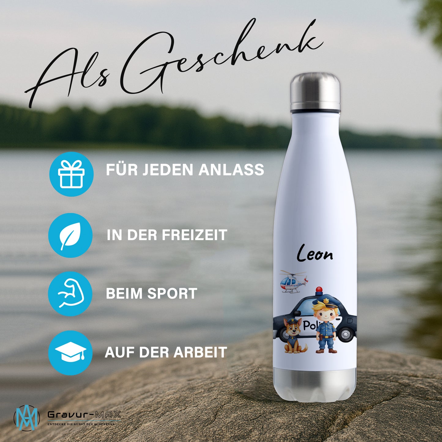 Thermoflasche 500ml in Weiß/Silber bedruckt mit tollen Motiven für Kinder "Polizei" personalisierbar mit Wunschname