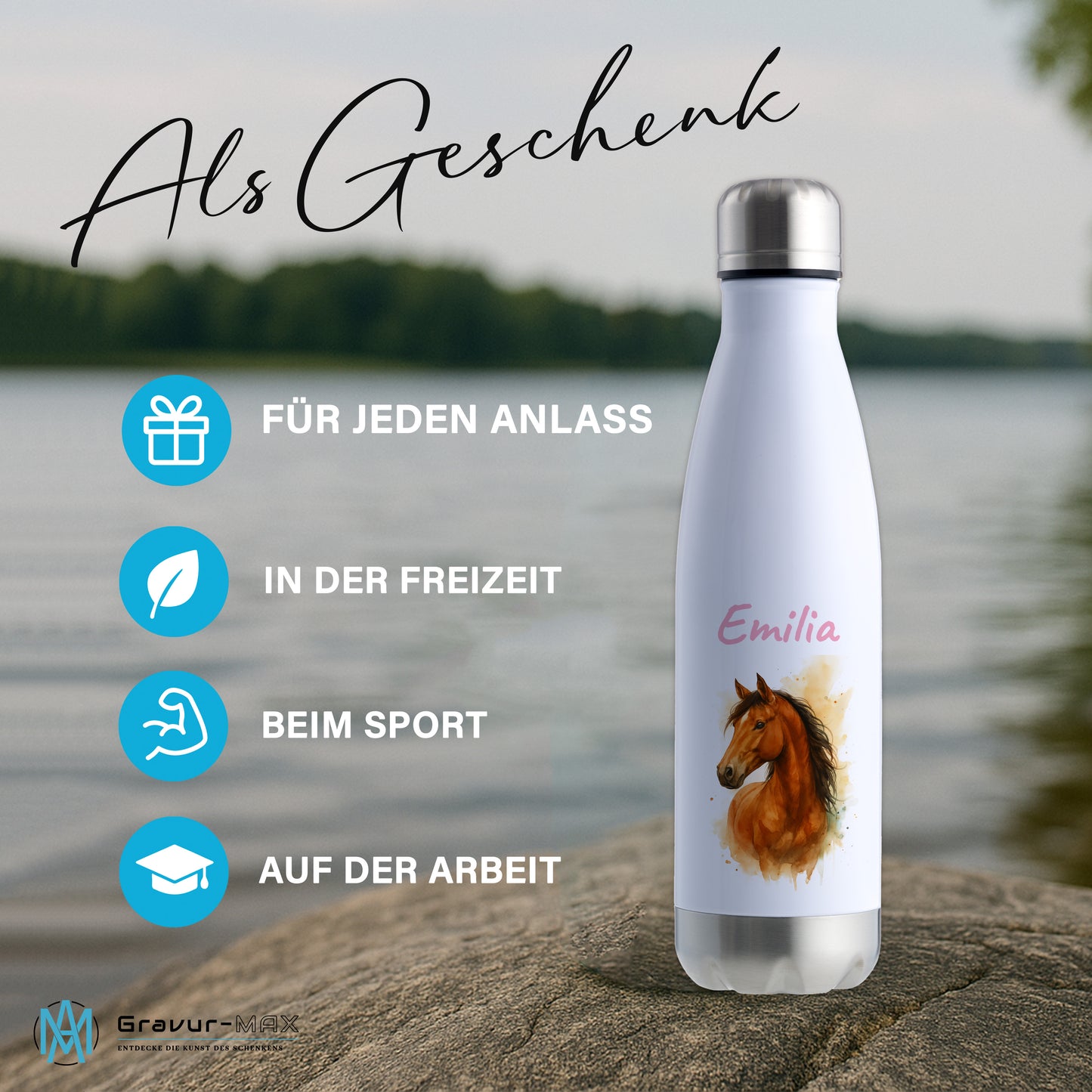 Thermoflasche 500ml in Weiß/Silber bedruckt mit tollen Motiven für Kinder "Pferd" personalisierbar mit Wunschname