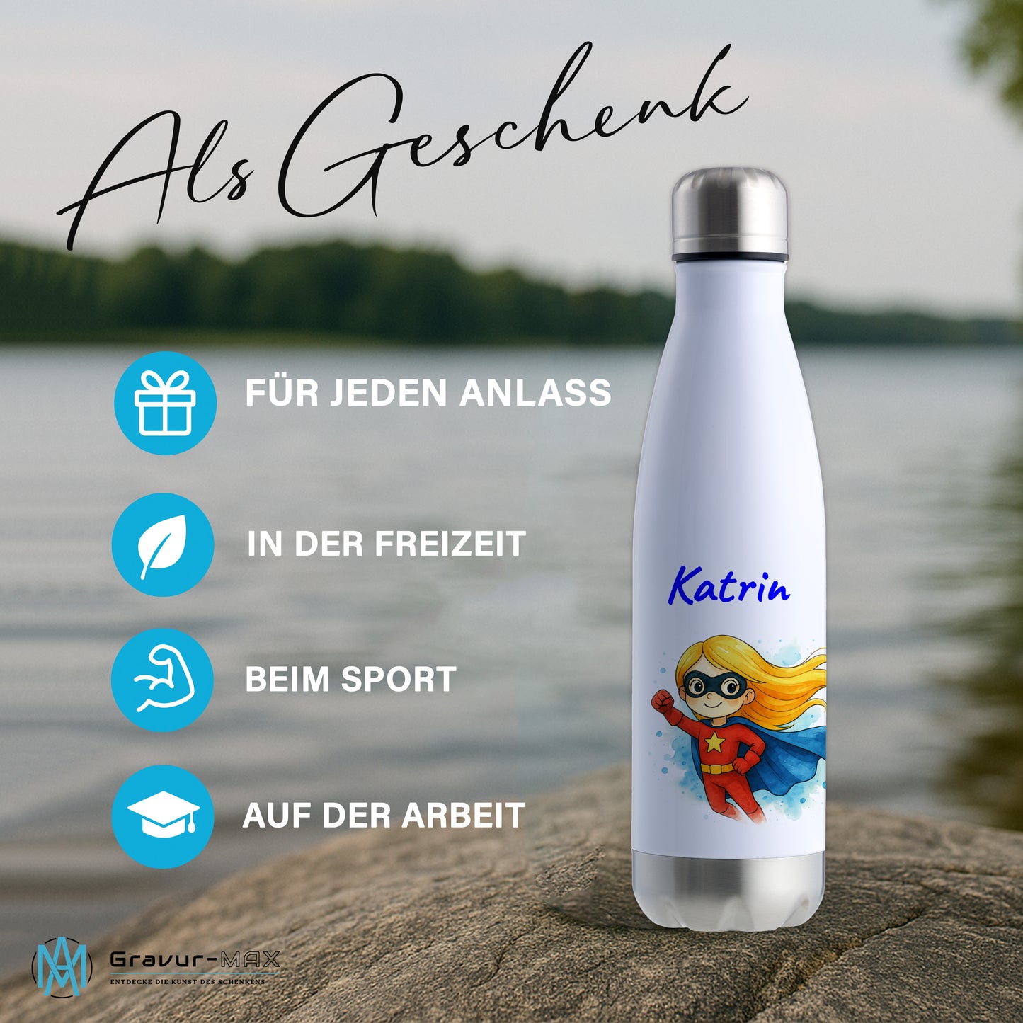 Thermoflasche 500ml in Weiß/Silber bedruckt mit tollen Motiven für Kinder "Superheldin" personalisierbar mit Wunschname