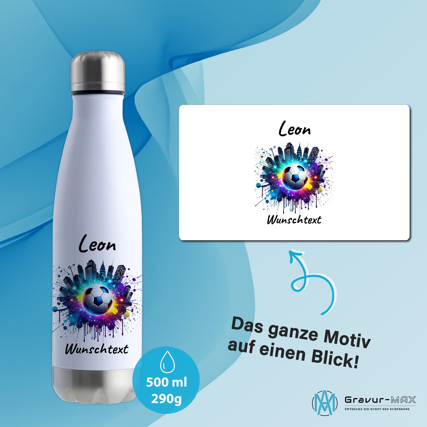 Thermoflasche 500ml in Weiß/Silber aus Edelstahl bedruckt "Fußball" Motiv7 personalisierbar mit Wunschname & Text