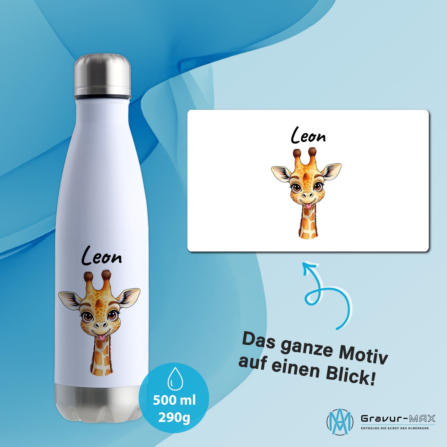 Trinkflasche in Weiß/Silber 500ml aus Edelstahl bedruckt mit niedlichen Tieren "Giraffe" personalisierbar für Kinder mit Wunschname