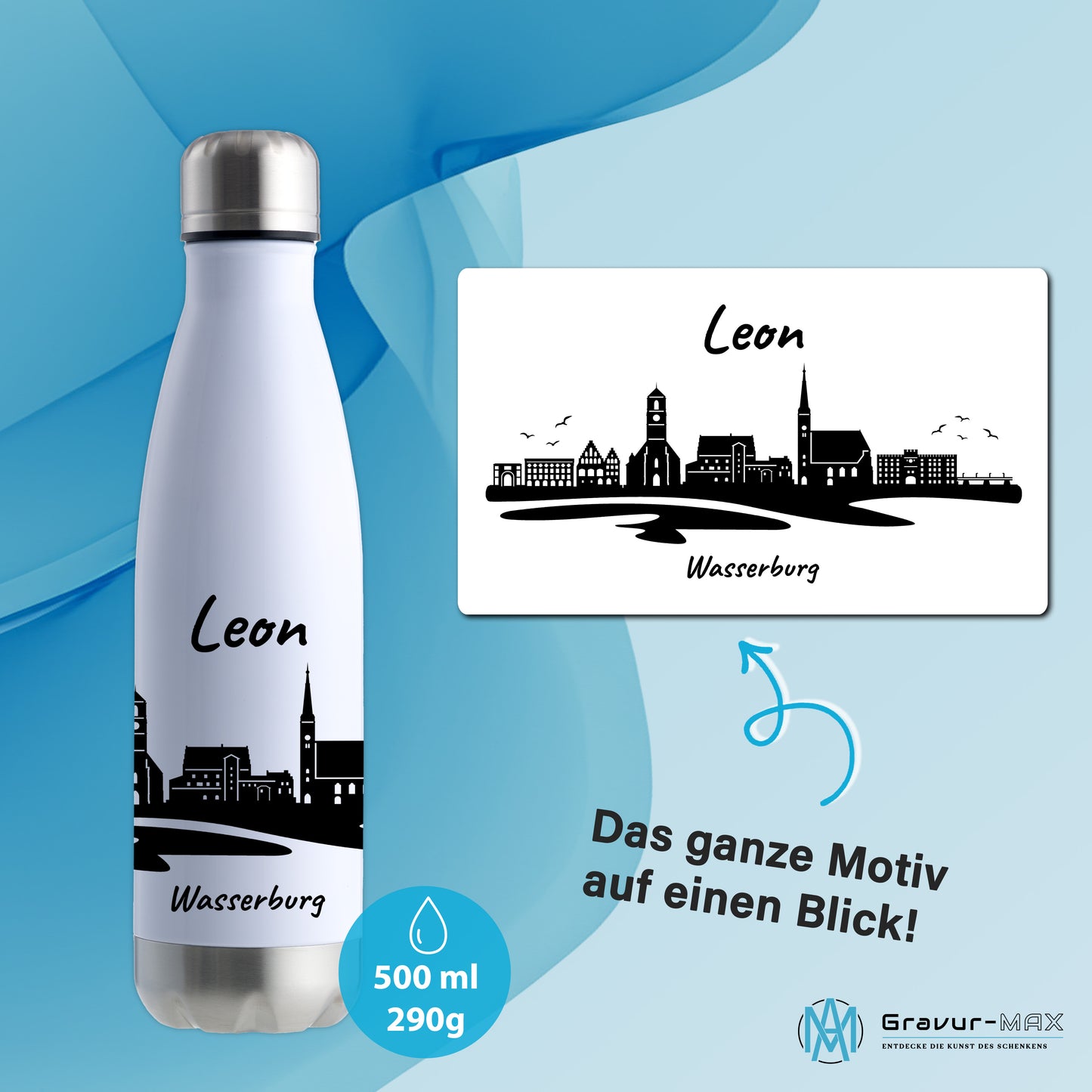 Trinkflasche in Weiß/Silber 500ml aus Edelstahl bedruckt mit der Skyline von Wasserburg personalisierbar mit Wunschname