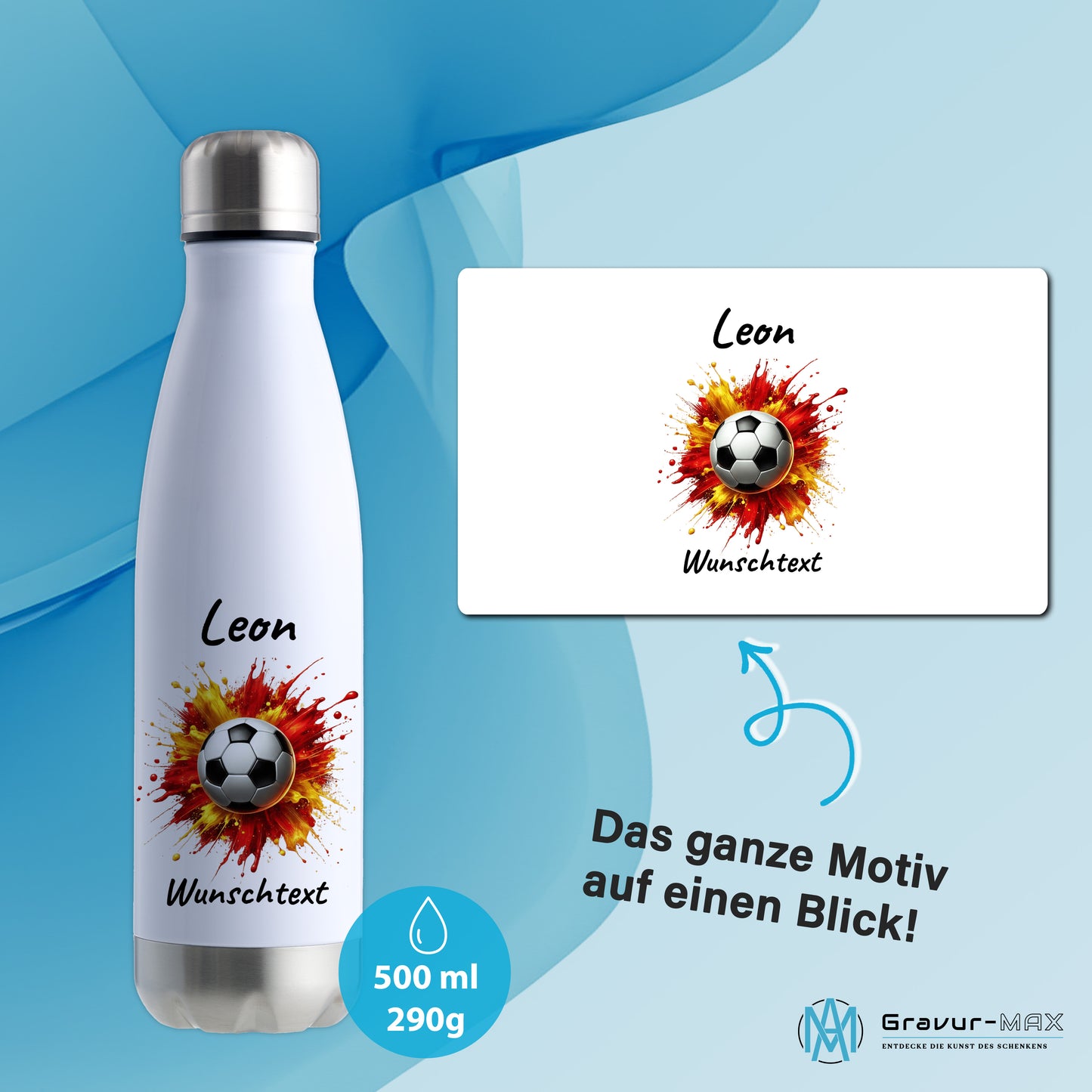 Thermoflasche 500ml in Weiß/Silber aus Edelstahl bedruckt "Fußball" Motiv9 personalisierbar mit Wunschname & Text