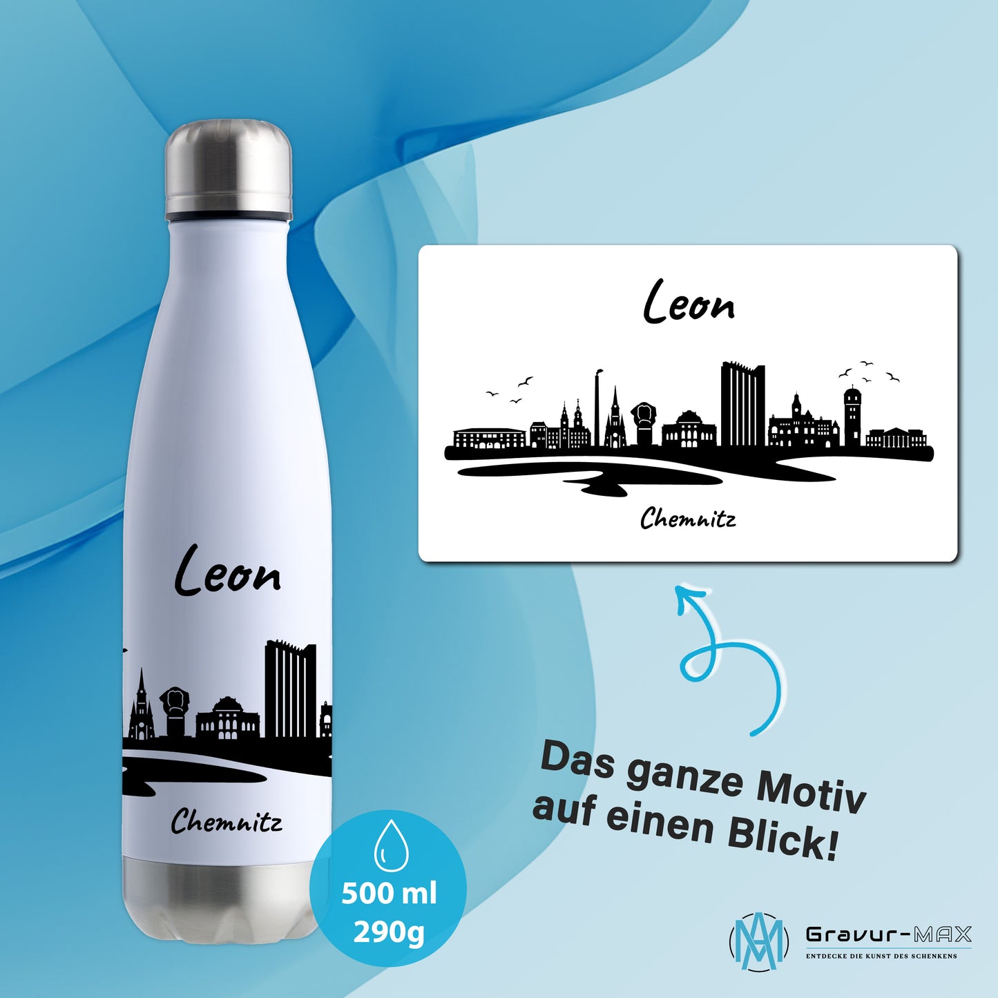 Trinkflasche in Weiß/Silber 500ml aus Edelstahl bedruckt mit der Skyline von Chemnitz personalisierbar mit Wunschname