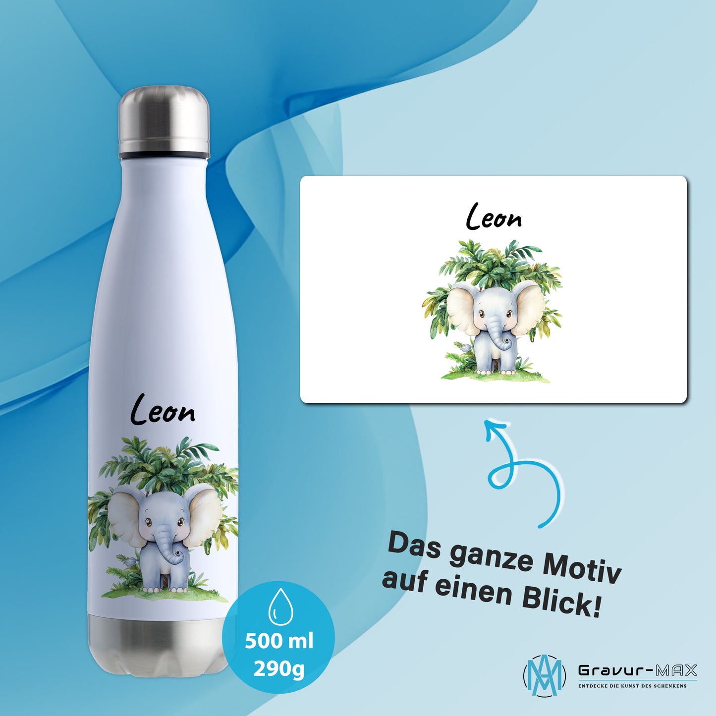 Trinkflasche in Weiß/Silber 500ml aus Edelstahl bedruckt mit Dschungel Tieren"Elefant" personalisierbar für Kinder mit Wunschname