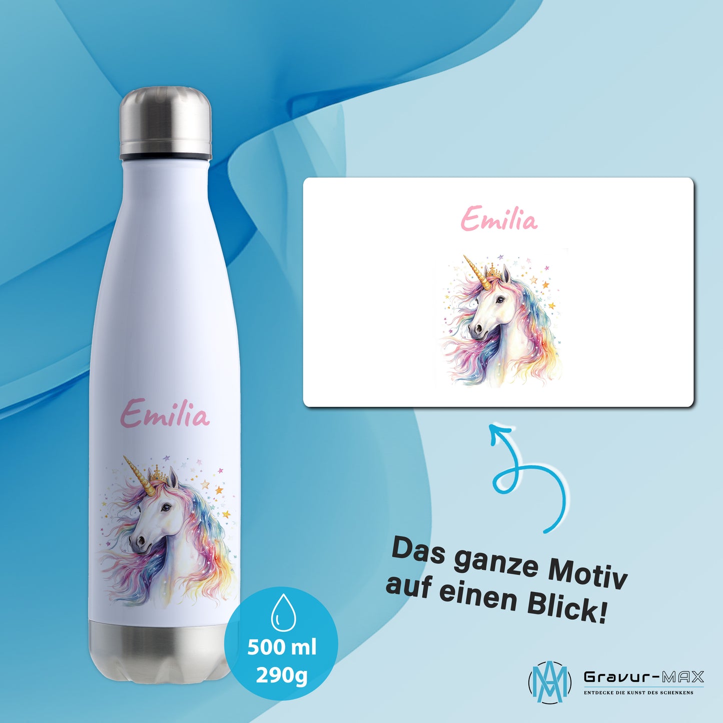 Thermoflasche 500ml in Weiß/Silber bedruckt mit tollen Motiven für Kinder "Einhorn" personalisierbar mit Wunschname