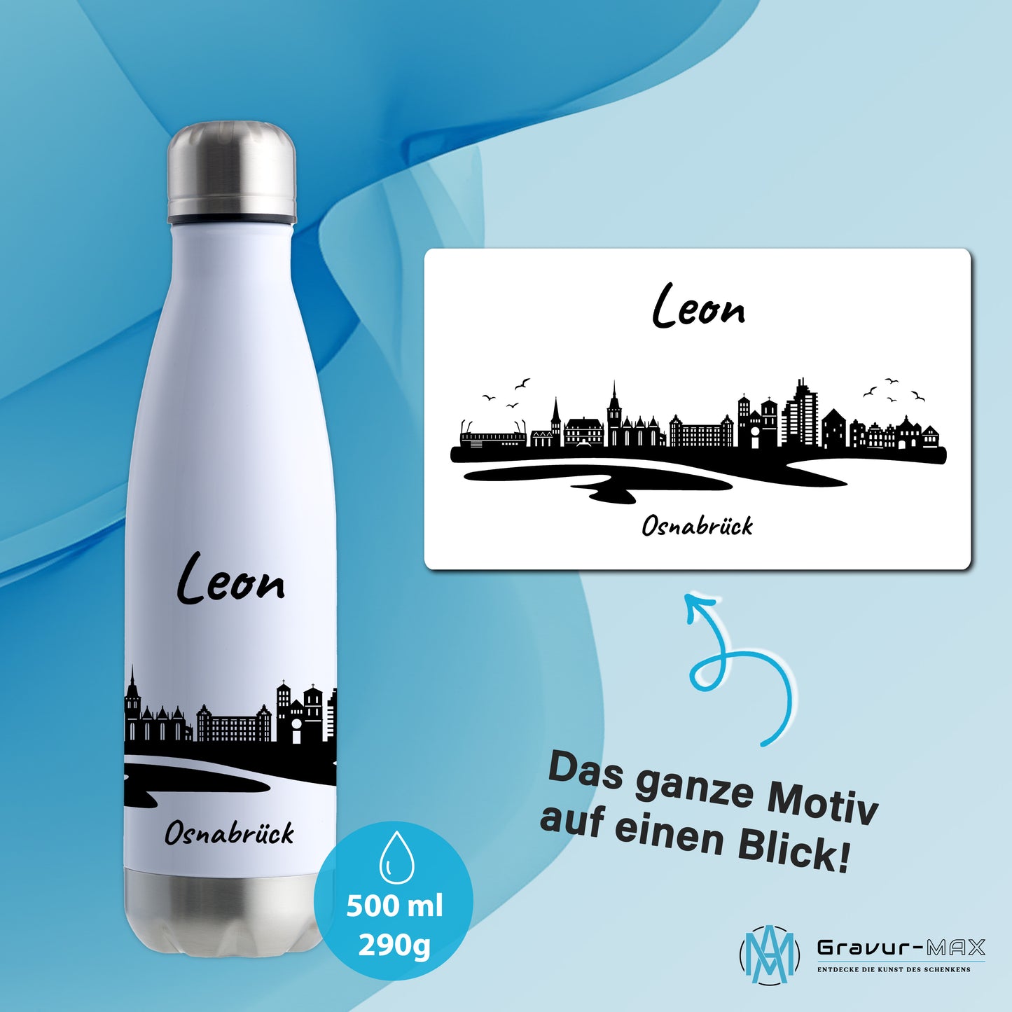 Trinkflasche in Weiß/Silber 500ml aus Edelstahl bedruckt mit der Skyline von Osnabrück personalisierbar mit Wunschname