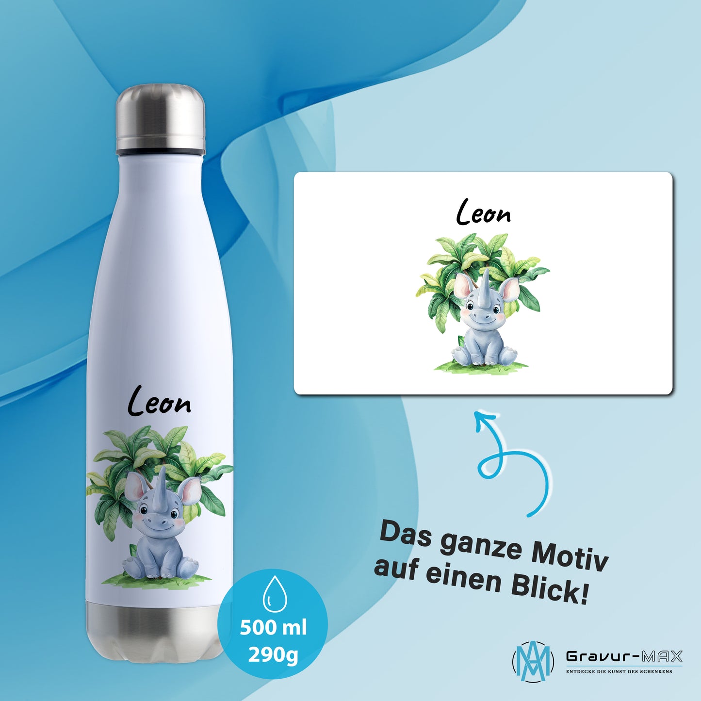 Trinkflasche in Weiß/Silber 500ml aus Edelstahl bedruckt mit Dschungel Tieren"Nashorn" personalisierbar für Kinder mit Wunschname
