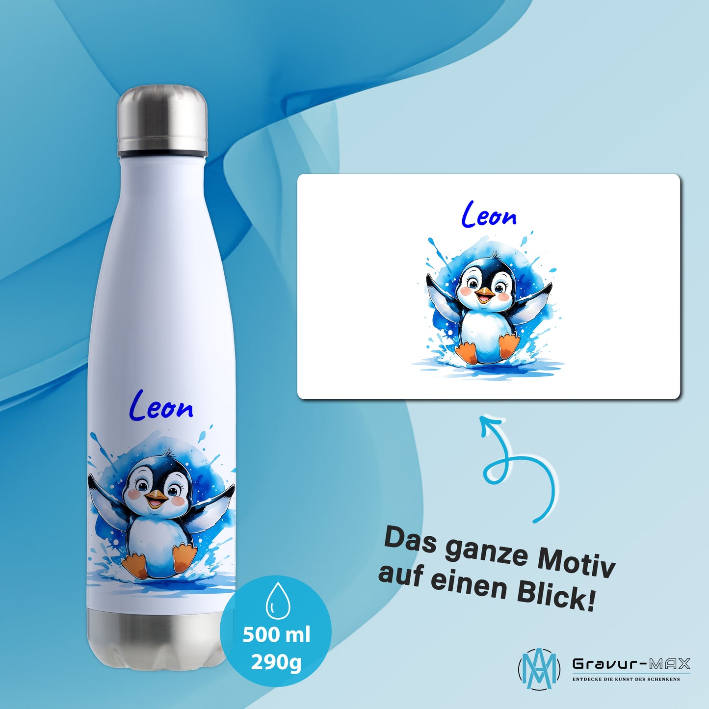 Trinkflasche in Weiß/Silber 500ml aus Edelstahl bedruckt mit niedlichen Tieren "Pinguin" personalisierbar für Kinder mit Wunschname