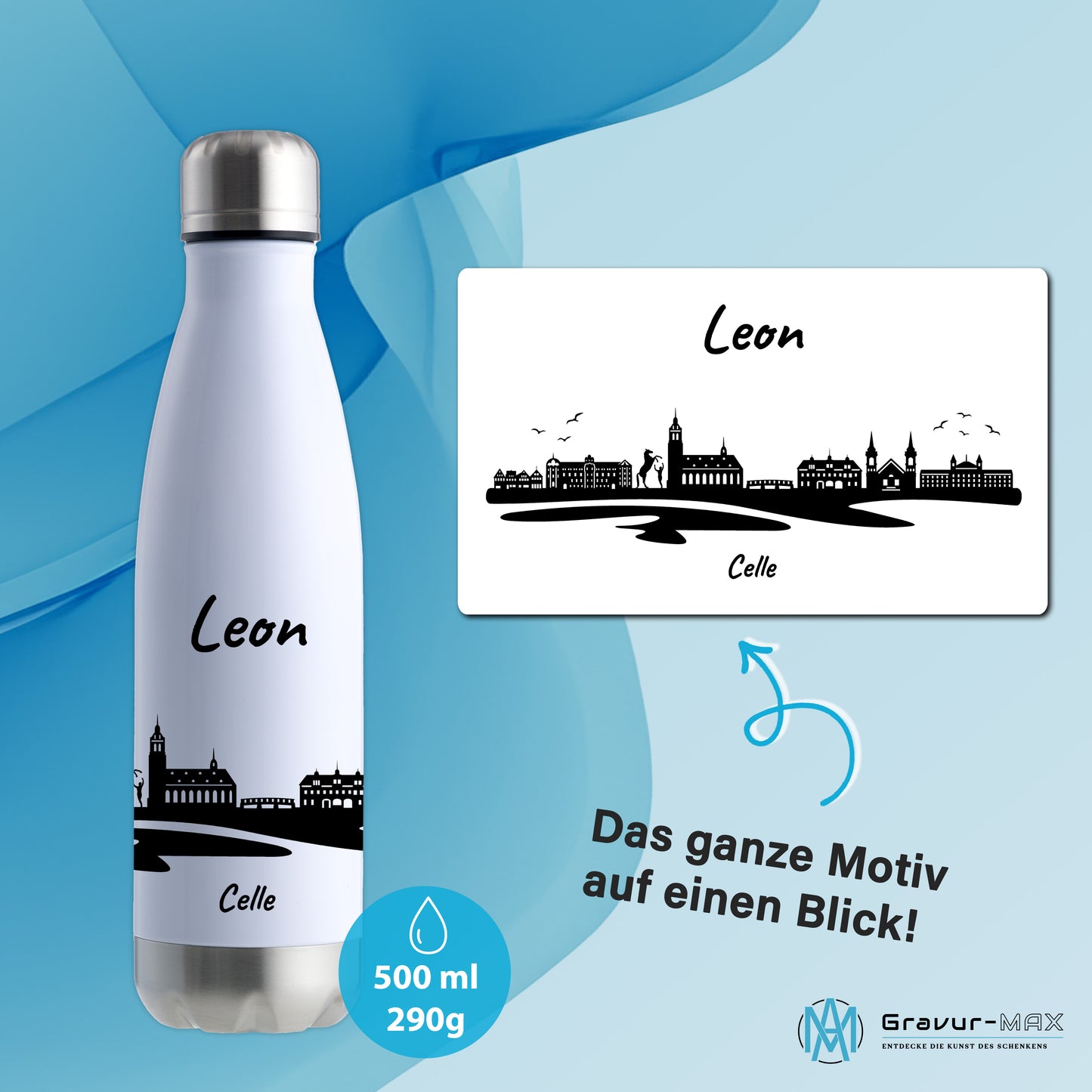 Trinkflasche in Weiß/Silber 500ml aus Edelstahl bedruckt mit der Skyline von Celle personalisierbar mit Wunschname