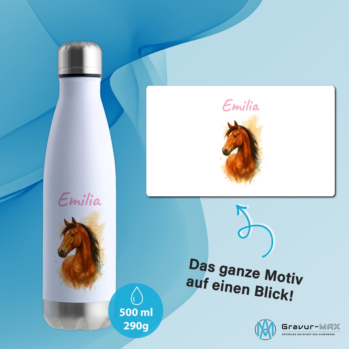 Thermoflasche 500ml in Weiß/Silber bedruckt mit tollen Motiven für Kinder "Pferd" personalisierbar mit Wunschname