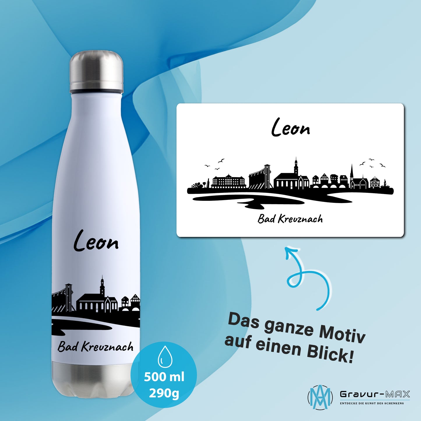 Trinkflasche in Weiß/Silber 500ml aus Edelstahl bedruckt mit der Skyline von Bad Kreuznach personalisierbar mit Wunschname