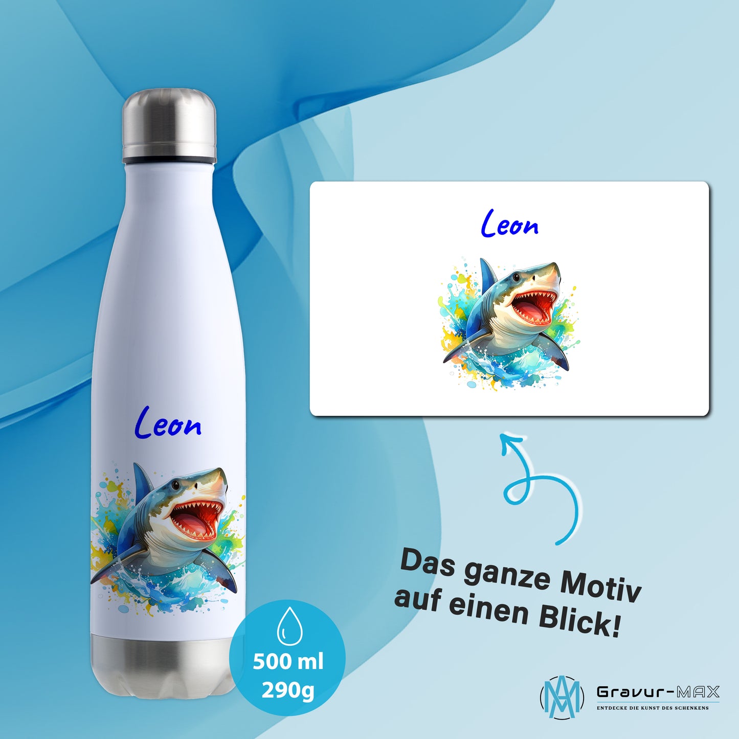 Thermoflasche 500ml in Weiß/Silber bedruckt mit tollen Motiven für Kinder "Hai" personalisierbar mit Wunschname