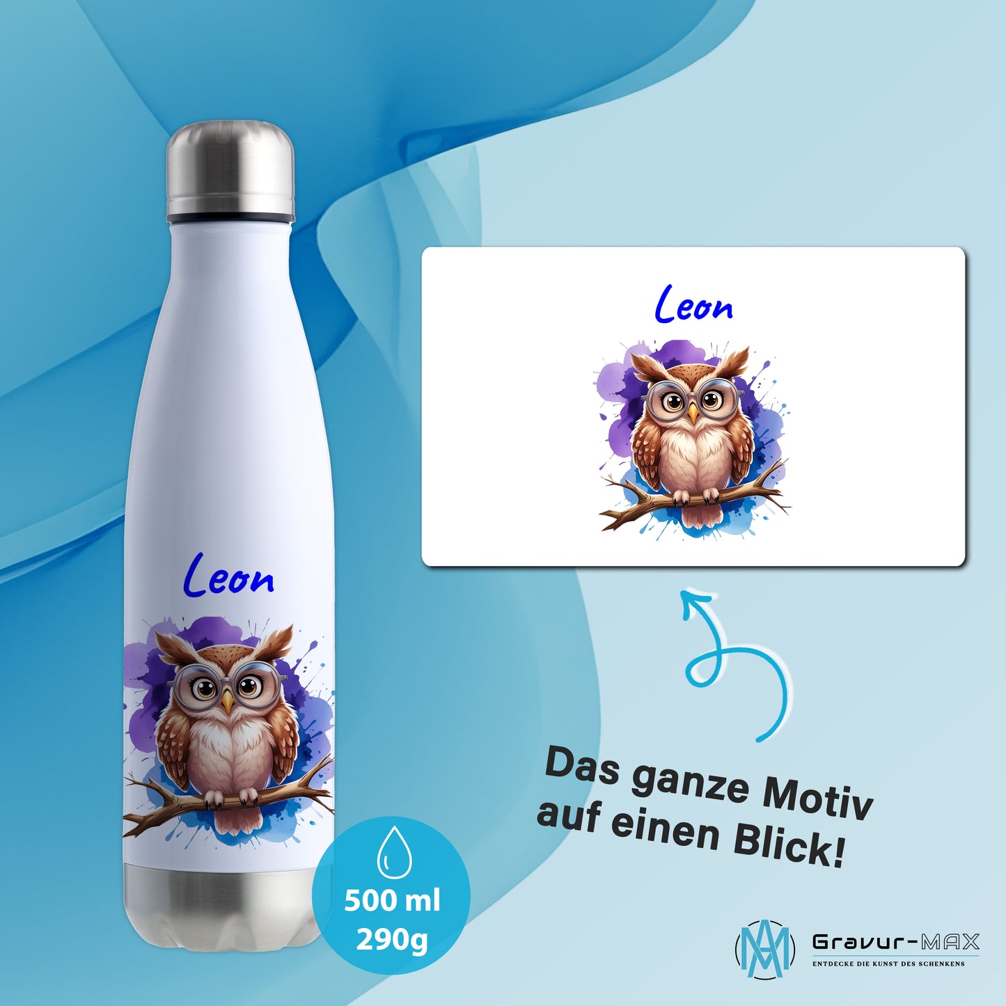 Trinkflasche in Weiß/Silber 500ml aus Edelstahl bedruckt mit niedlichen Tieren "Eule" personalisierbar für Kinder mit Wunschname
