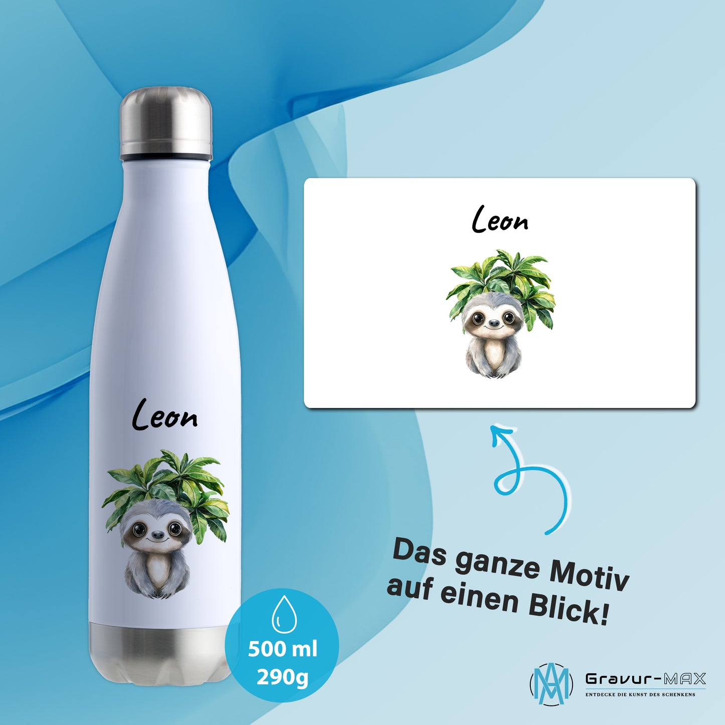 Trinkflasche in Weiß/Silber 500ml aus Edelstahl bedruckt mit Dschungel Tieren"Faultier" personalisierbar für Kinder mit Wunschname