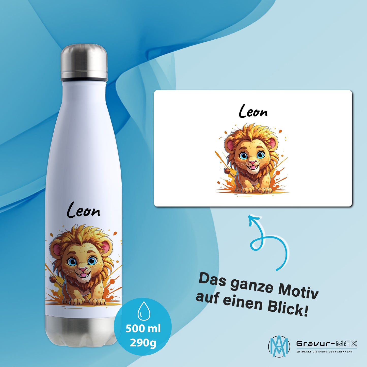 Trinkflasche in Weiß/Silber 500ml aus Edelstahl bedruckt mit niedlichen Tieren "Löwe" personalisierbar für Kinder mit Wunschname