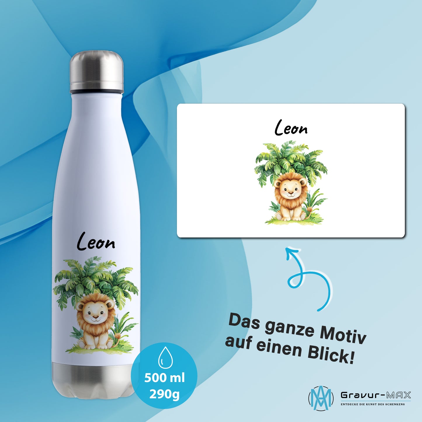 Trinkflasche in Weiß/Silber 500ml aus Edelstahl bedruckt mit Dschungel Tieren"Löwe" personalisierbar für Kinder mit Wunschname