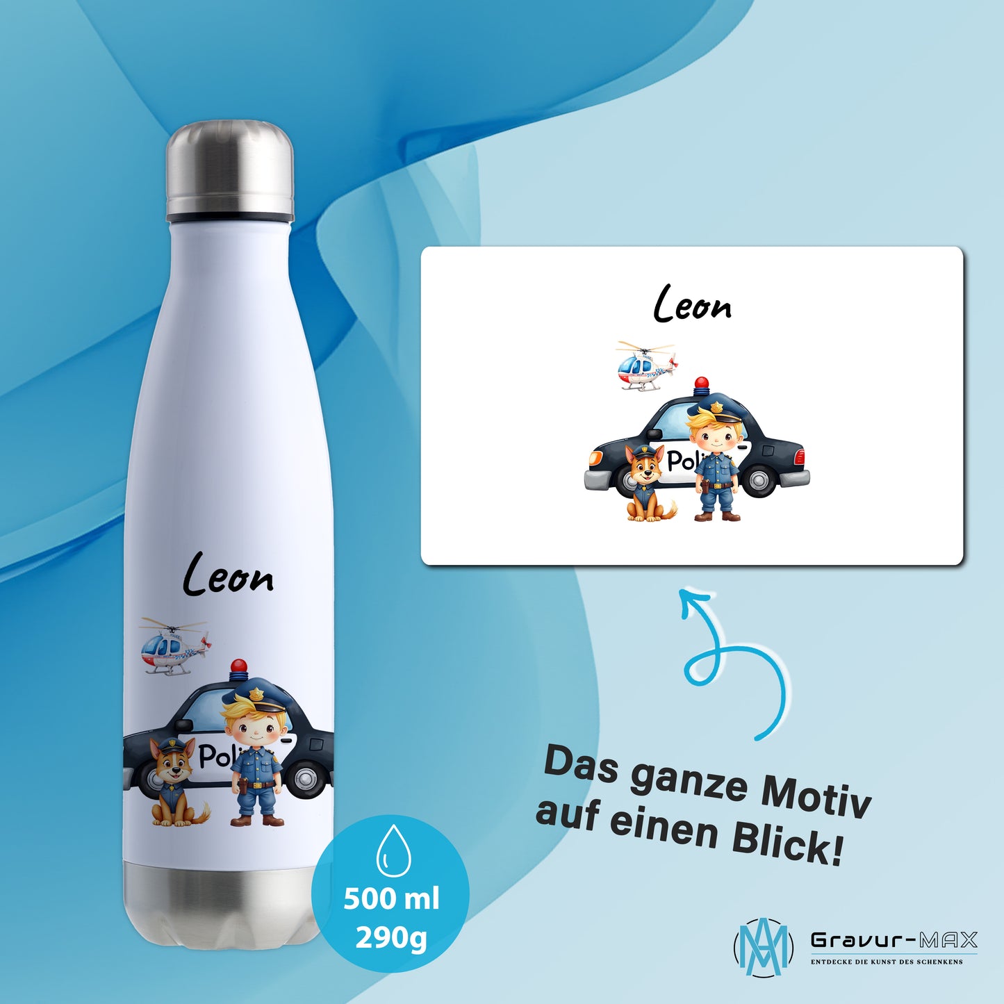 Thermoflasche 500ml in Weiß/Silber bedruckt mit tollen Motiven für Kinder "Polizei" personalisierbar mit Wunschname