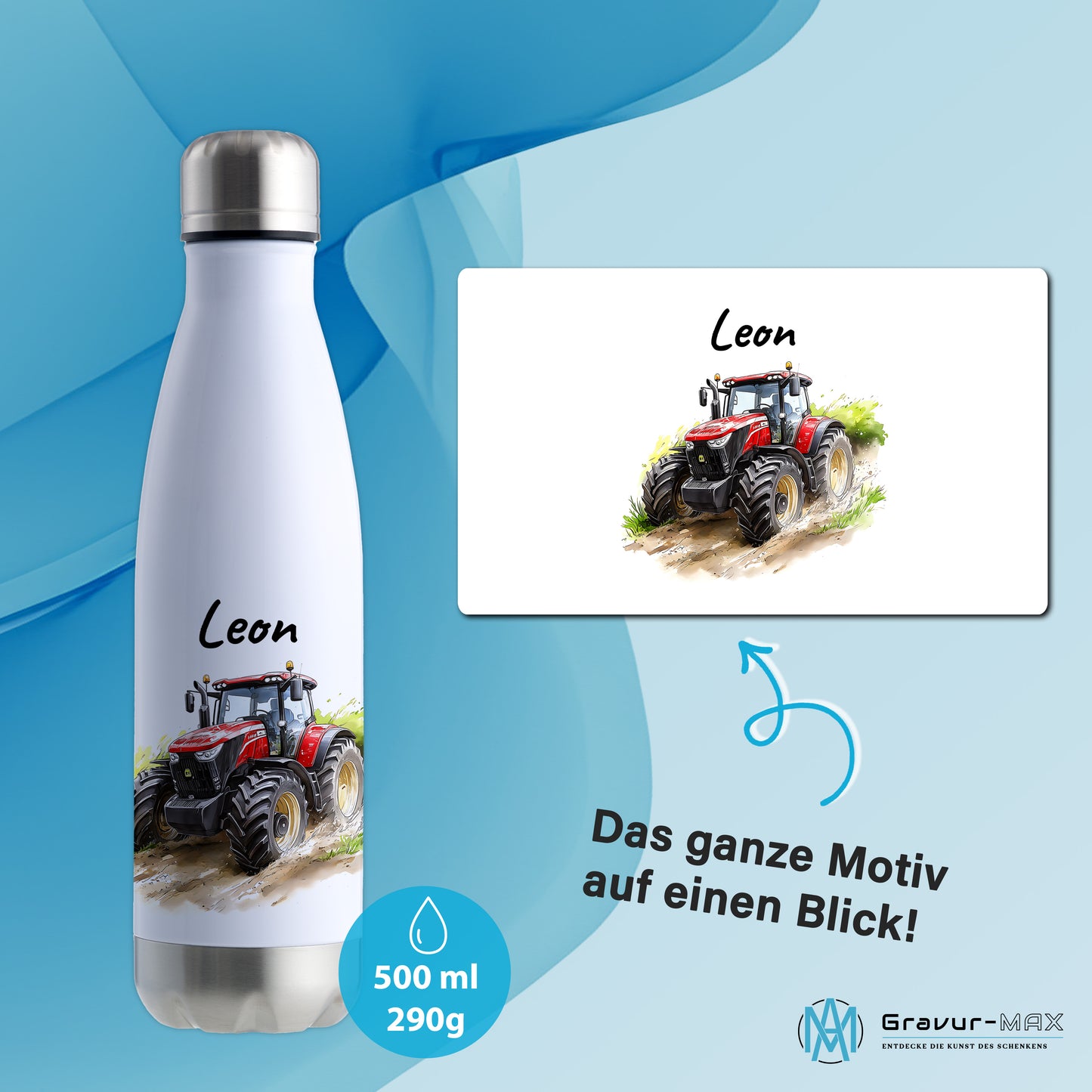 Thermoflasche 500ml in Weiß/Silber bedruckt mit tollen Motiven für Kinder "Traktor" personalisierbar mit Wunschname