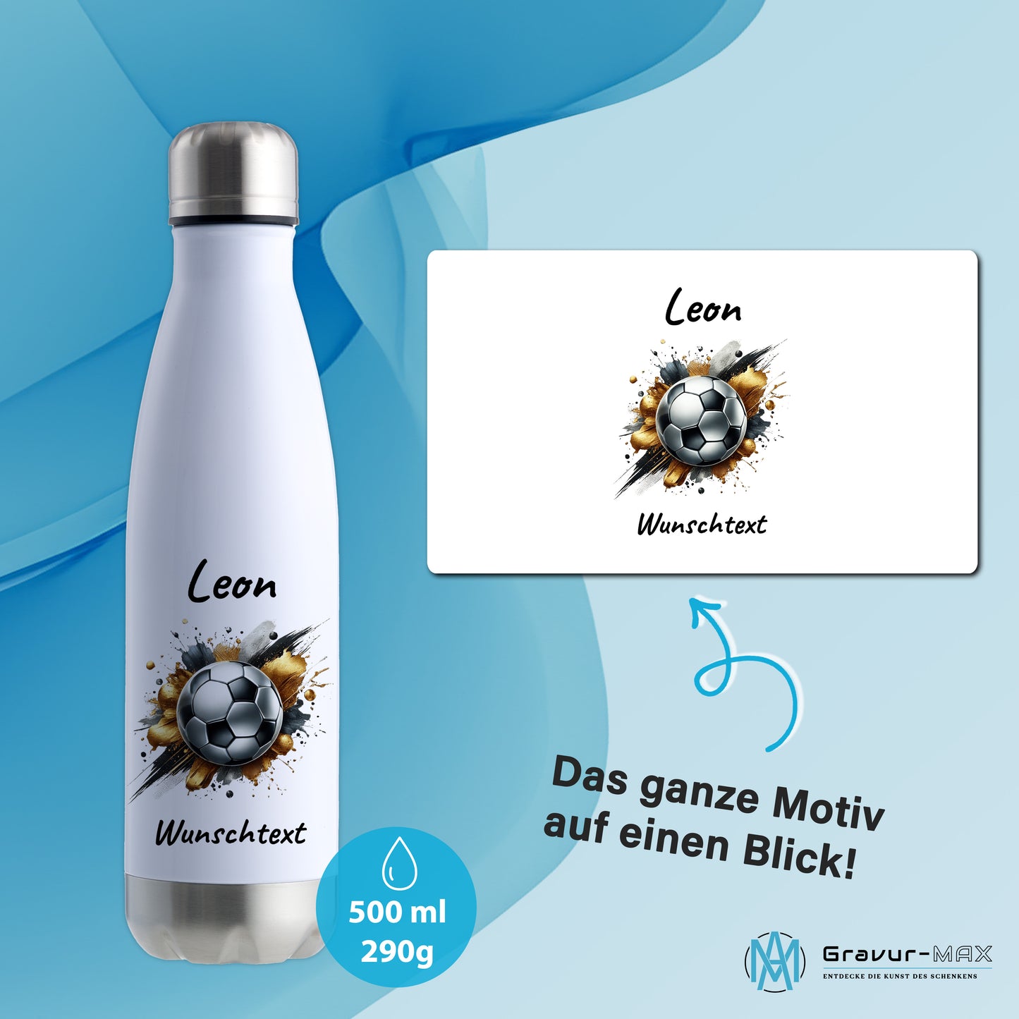Thermoflasche 500ml in Weiß/Silber aus Edelstahl bedruckt "Fußball" Motiv13 personalisierbar mit Wunschname & Text