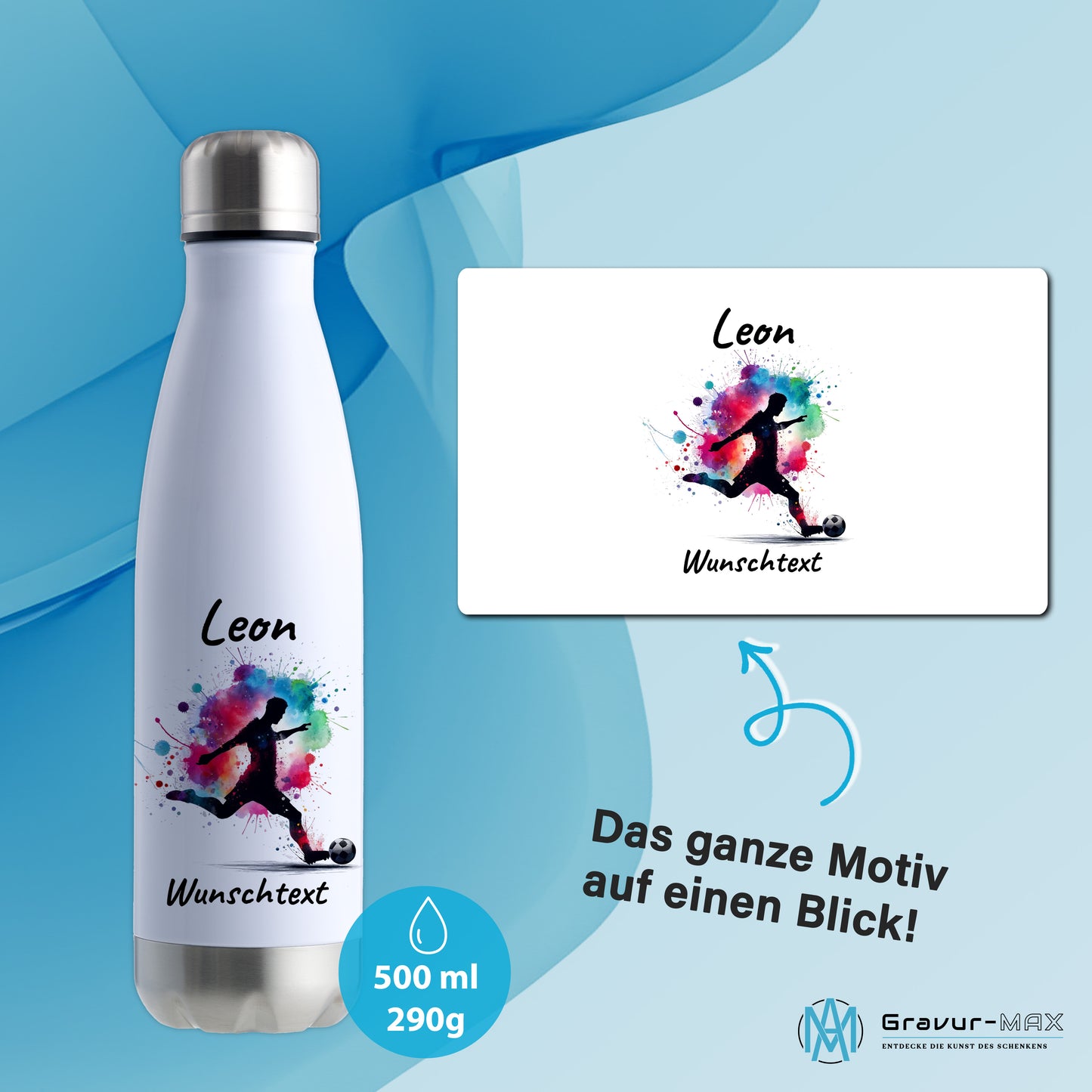 Thermoflasche 500ml in Weiß/Silber aus Edelstahl bedruckt "Fußball" Motiv4 personalisierbar mit Wunschname & Text