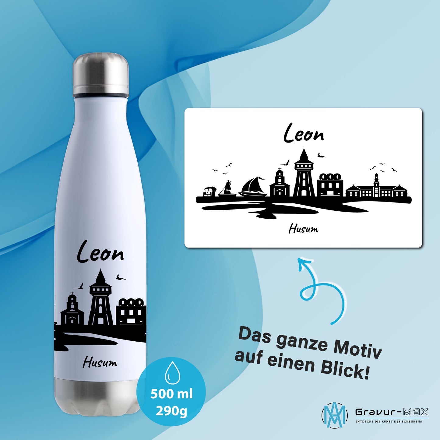 Trinkflasche in Weiß/Silber 500ml aus Edelstahl bedruckt mit der Skyline von Husum personalisierbar mit Wunschname