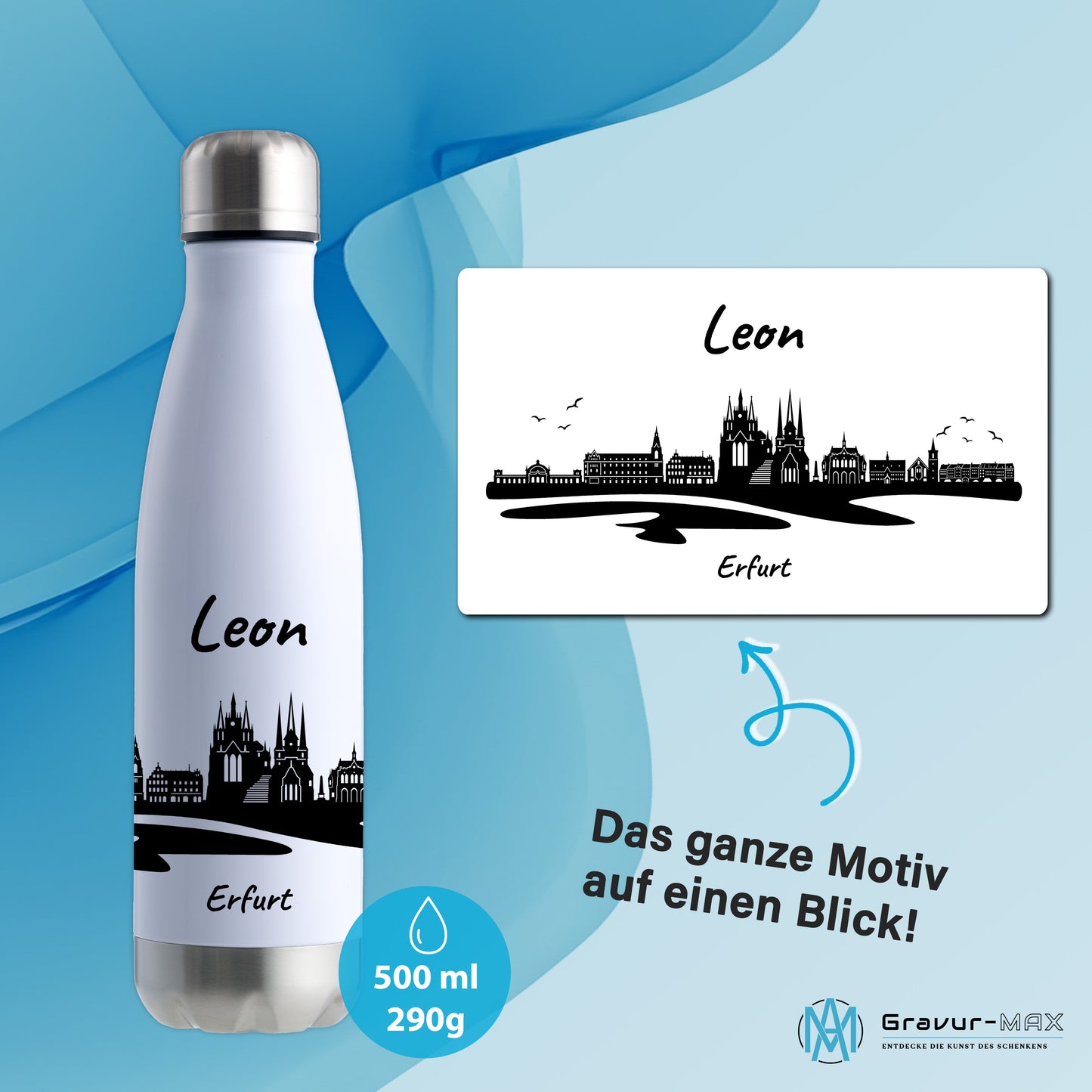 Trinkflasche in Weiß/Silber 500ml aus Edelstahl bedruckt mit der Skyline von Erfurt personalisierbar mit Wunschname