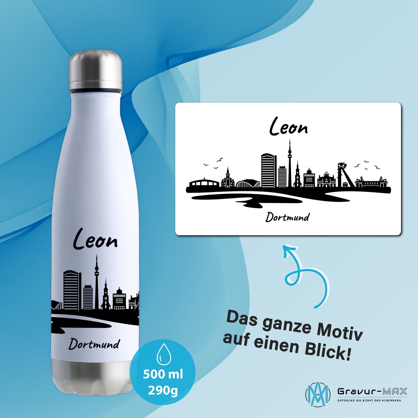 Trinkflasche in Weiß/Silber 500ml aus Edelstahl bedruckt mit der Skyline von Dortmund personalisierbar mit Wunschname