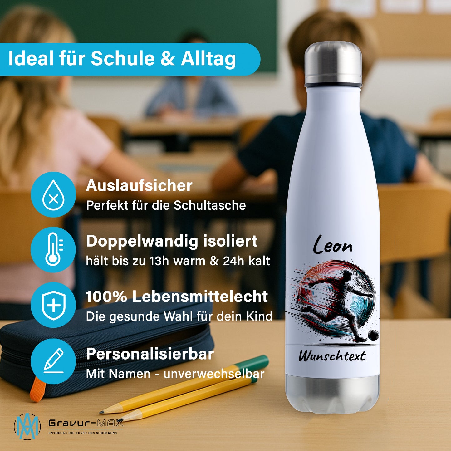 Thermoflasche 500ml in Weiß/Silber aus Edelstahl bedruckt "Fußball" Motiv3 personalisierbar mit Wunschname & Text