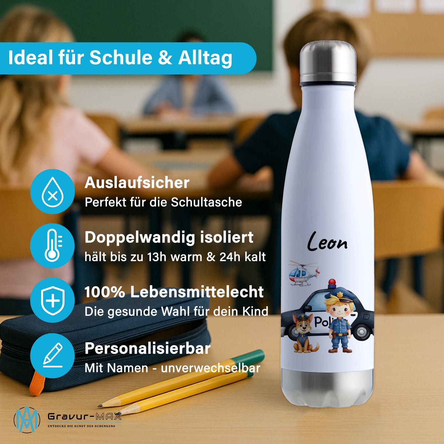 Thermoflasche 500ml in Weiß/Silber bedruckt mit tollen Motiven für Kinder "Polizei" personalisierbar mit Wunschname