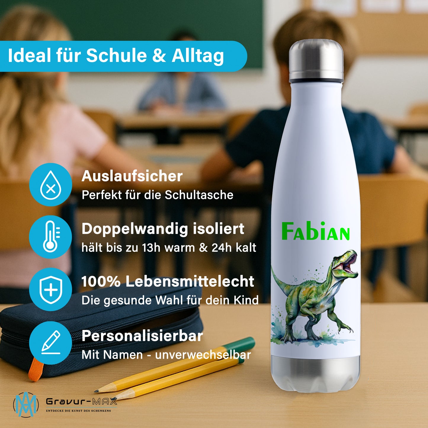 Thermoflasche 500ml in Weiß/Silber bedruckt mit tollen Motiven für Kinder "Dino T-Rex" personalisierbar mit Wunschname