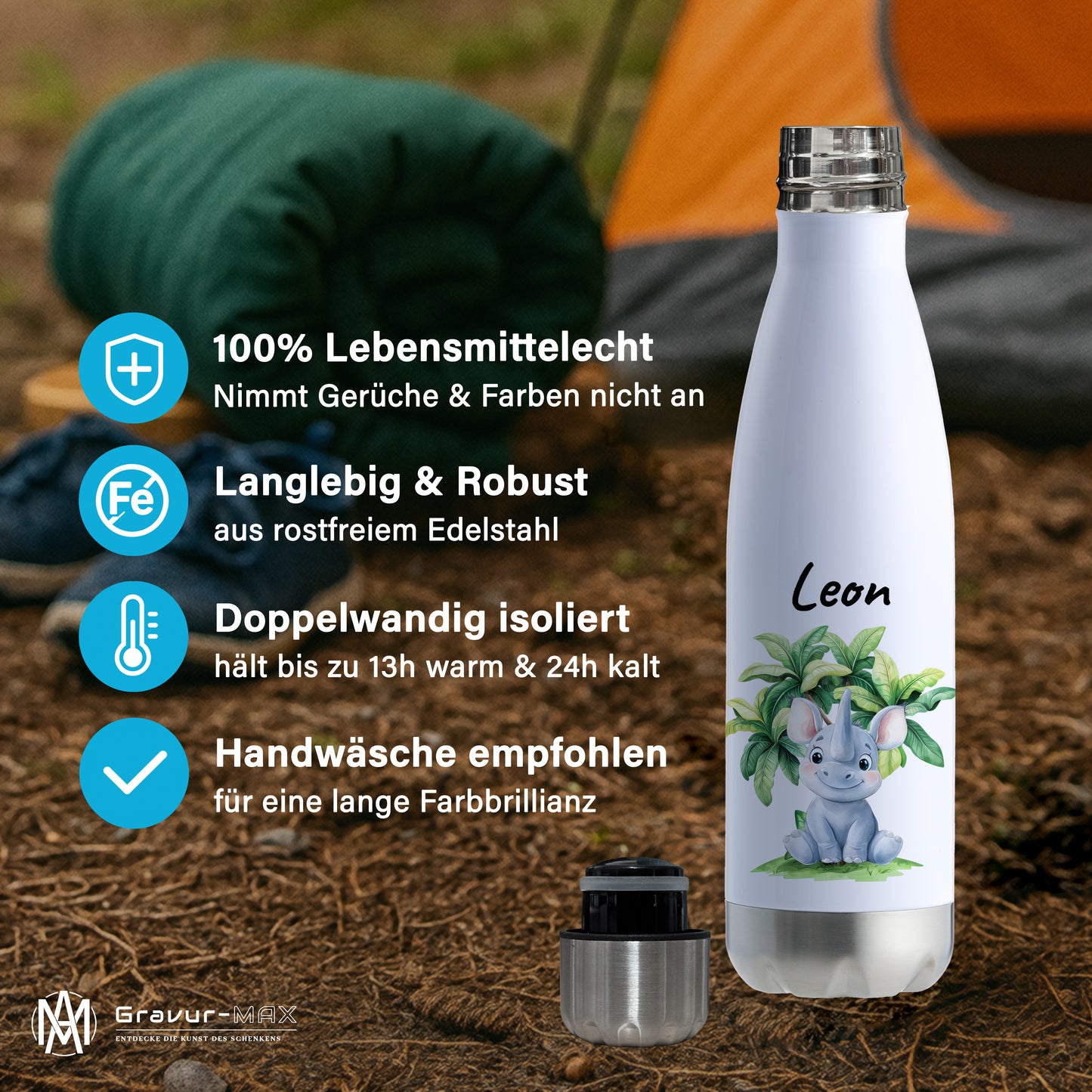 Trinkflasche in Weiß/Silber 500ml aus Edelstahl bedruckt mit Dschungel Tieren"Nashorn" personalisierbar für Kinder mit Wunschname