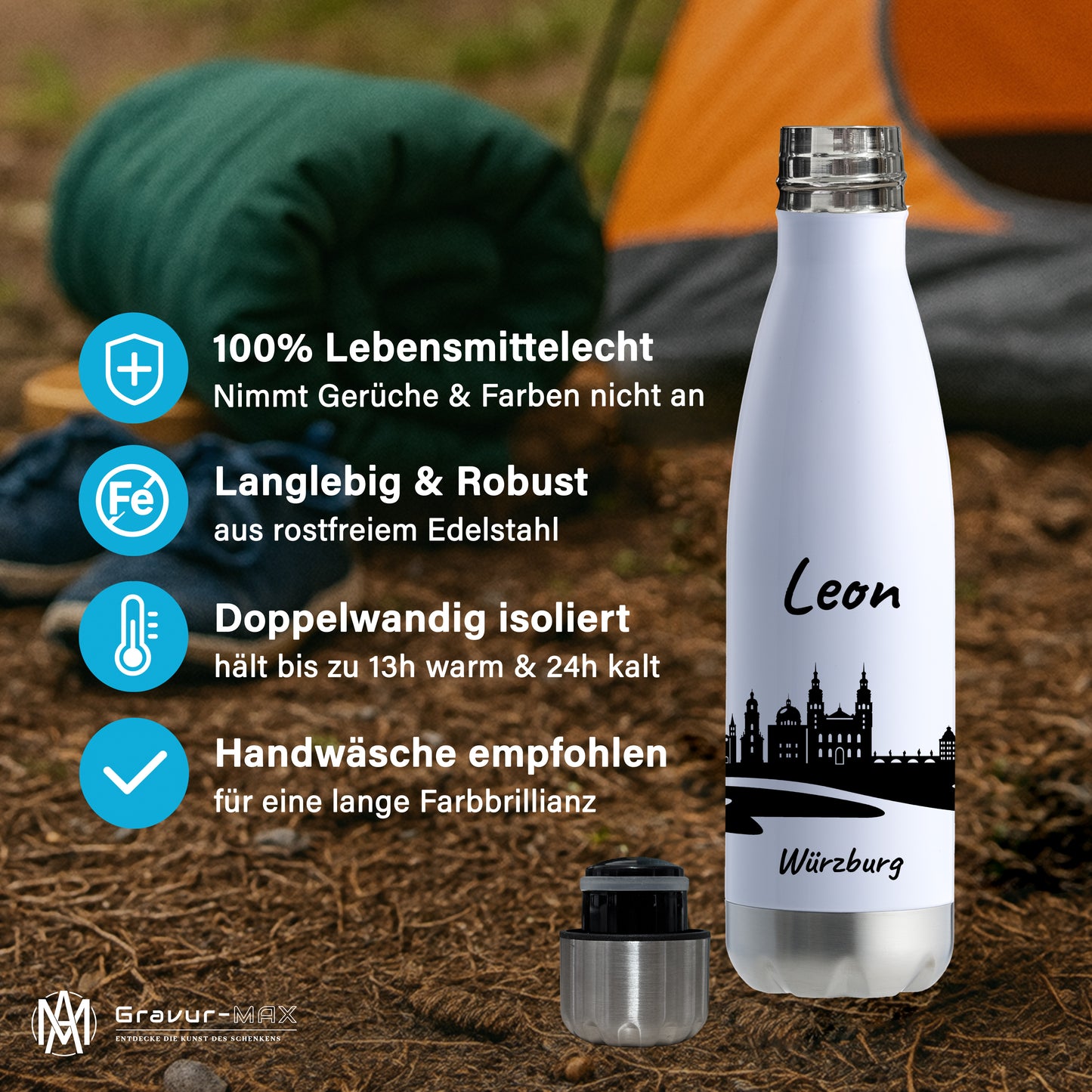 Trinkflasche in Weiß/Silber 500ml aus Edelstahl bedruckt mit der Skyline von Würzburg personalisierbar mit Wunschname