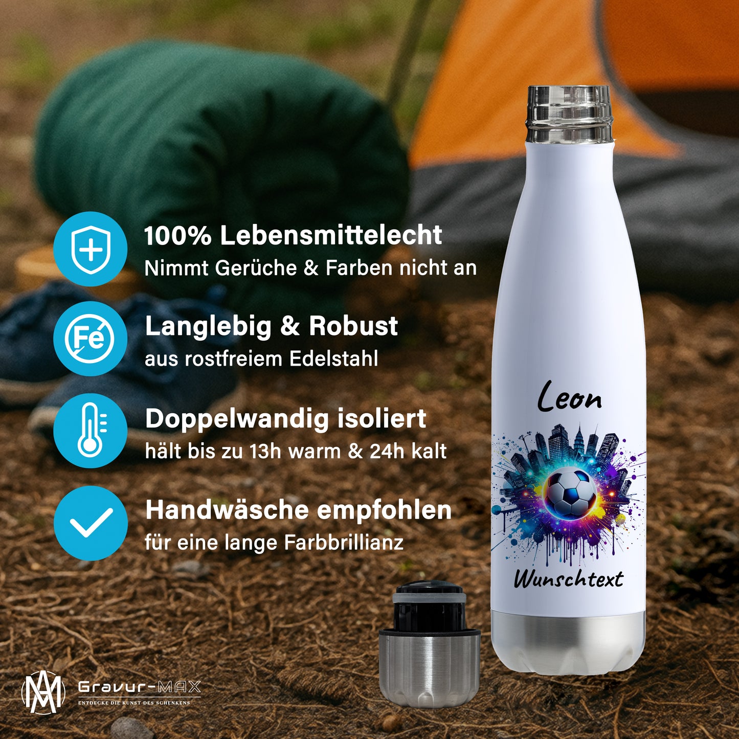 Thermoflasche 500ml in Weiß/Silber aus Edelstahl bedruckt "Fußball" Motiv7 personalisierbar mit Wunschname & Text