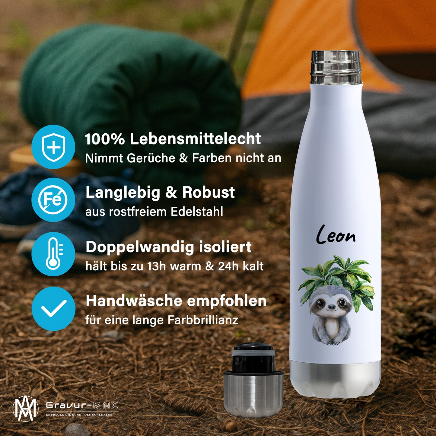 Trinkflasche in Weiß/Silber 500ml aus Edelstahl bedruckt mit Dschungel Tieren"Faultier" personalisierbar für Kinder mit Wunschname