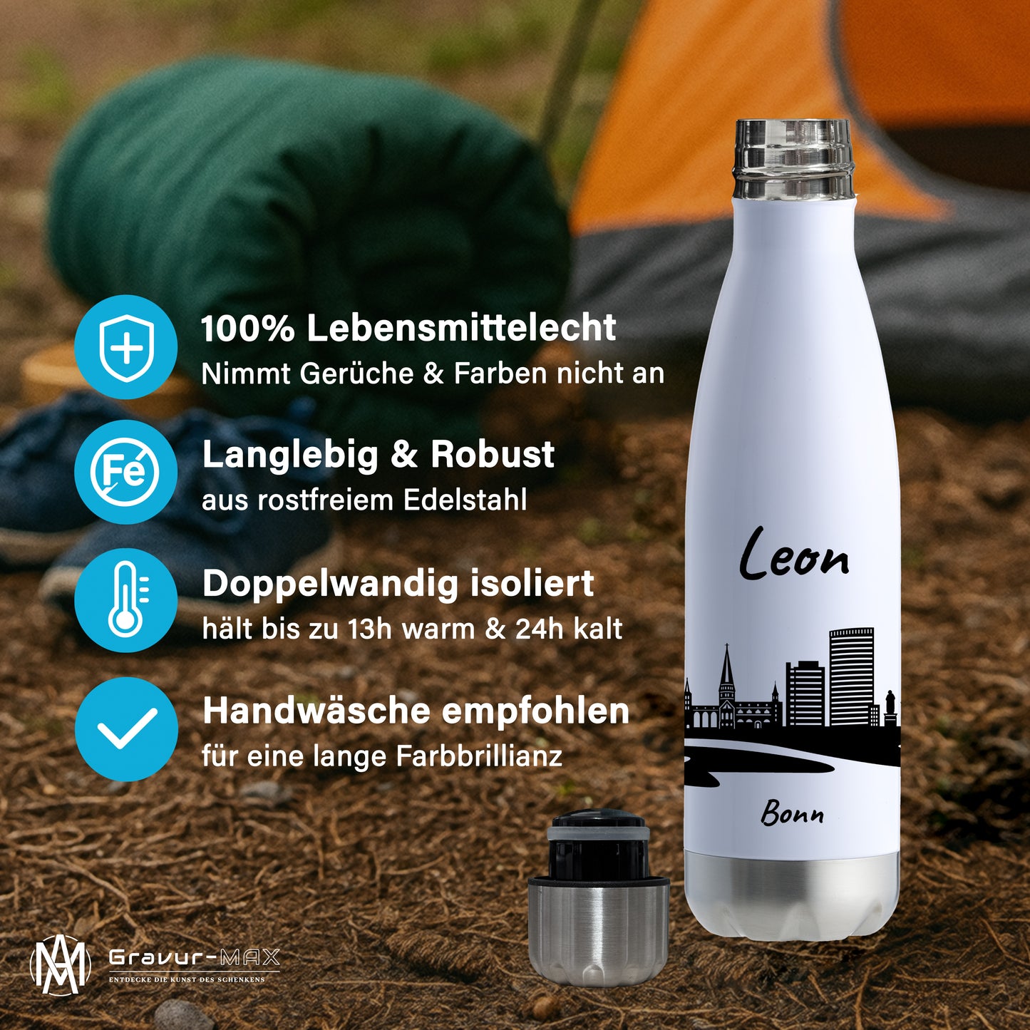 Trinkflasche in Weiß/Silber 500ml aus Edelstahl bedruckt mit der Skyline von Bonn personalisierbar mit Wunschname