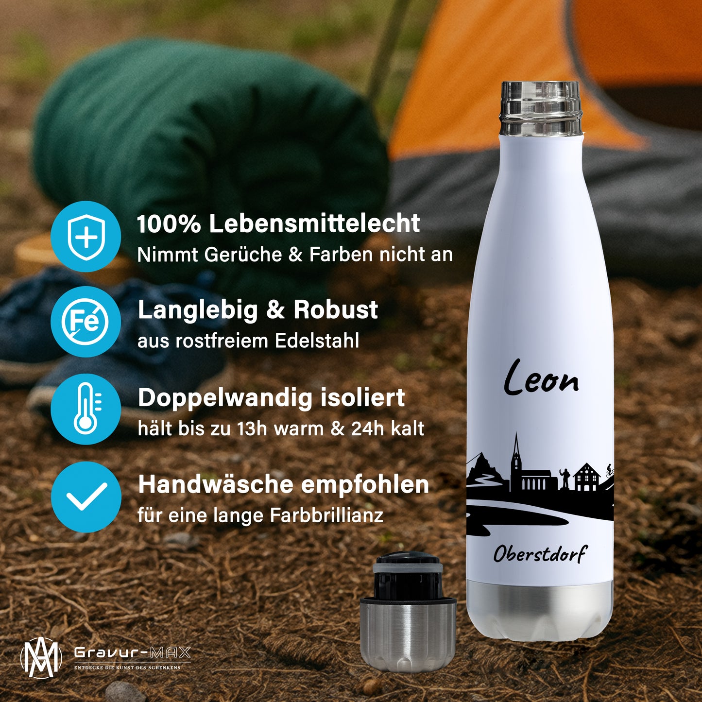 Trinkflasche in Weiß/Silber 500ml aus Edelstahl bedruckt mit der Skyline von Oberstdorf personalisierbar mit Wunschname