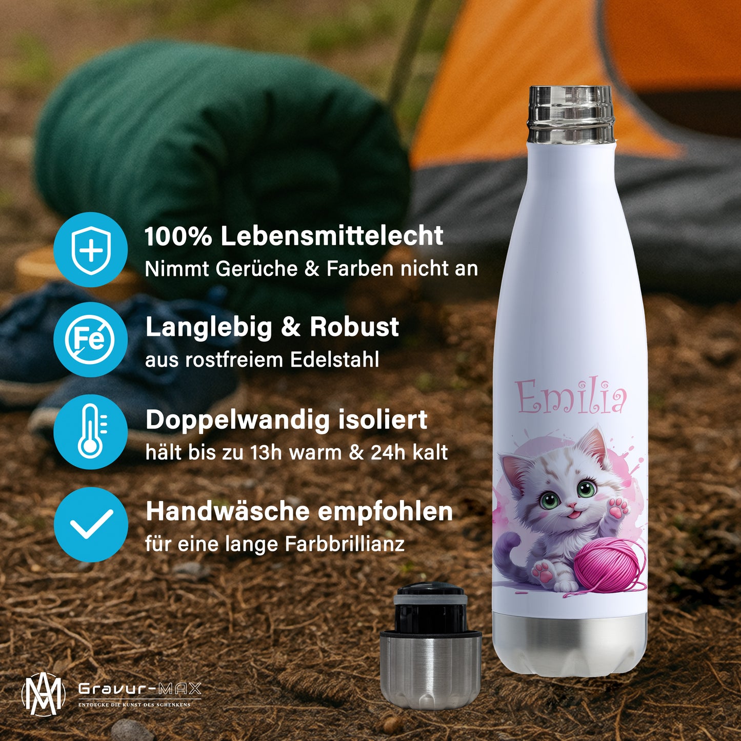 Trinkflasche in Weiß/Silber 500ml aus Edelstahl bedruckt mit niedlichen Tieren "Katze" personalisierbar für Kinder mit Wunschname