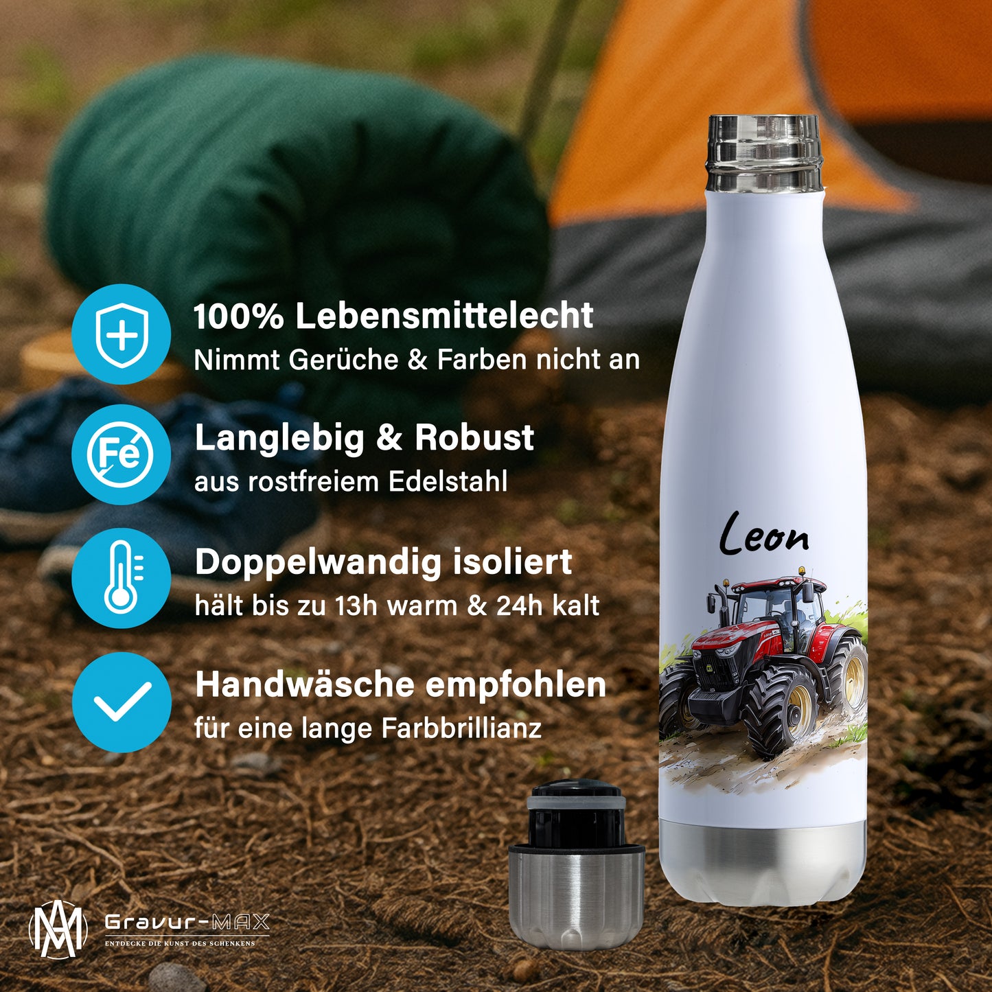 Thermoflasche 500ml in Weiß/Silber bedruckt mit tollen Motiven für Kinder "Traktor" personalisierbar mit Wunschname