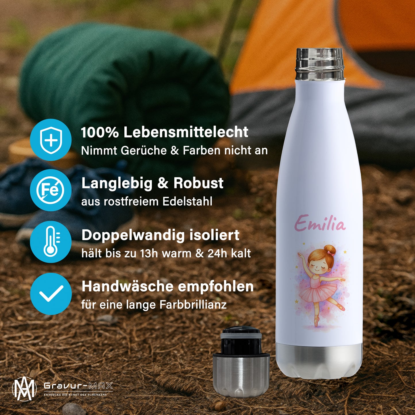 Thermoflasche 500ml in Weiß/Silber bedruckt mit tollen Motiven für Kinder "Ballerina" personalisierbar mit Wunschname
