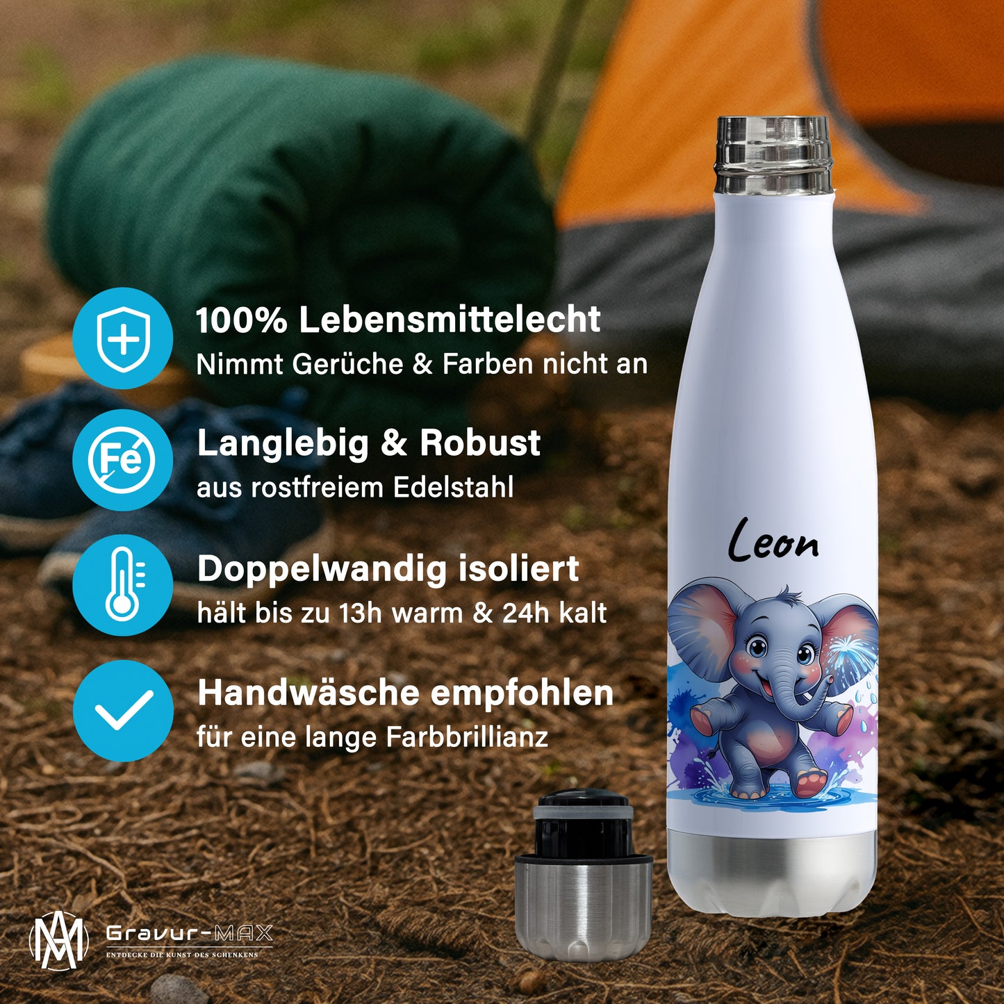 Trinkflasche in Weiß/Silber 500ml aus Edelstahl bedruckt mit niedlichen Tieren "Elefant" personalisierbar für Kinder mit Wunschname