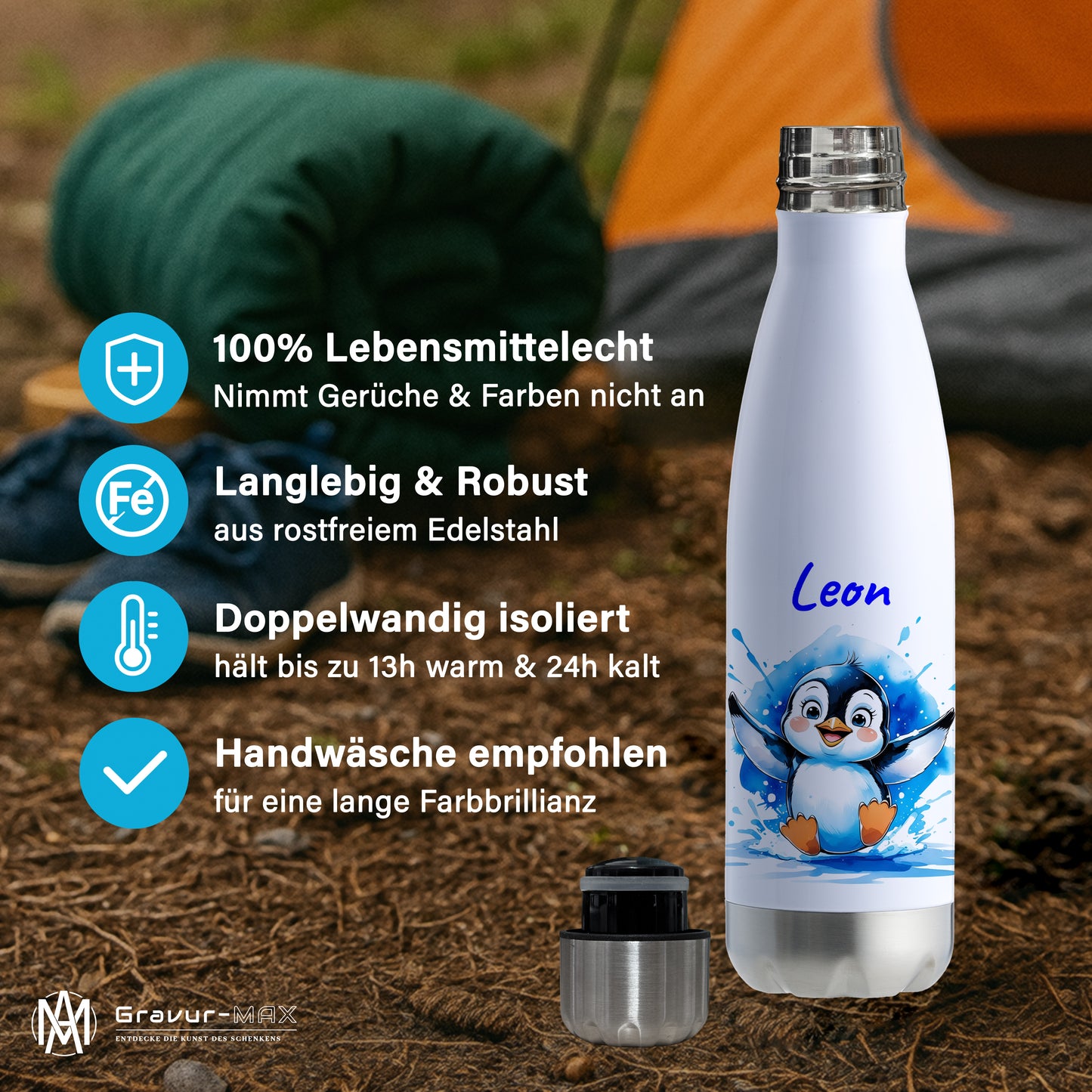 Trinkflasche in Weiß/Silber 500ml aus Edelstahl bedruckt mit niedlichen Tieren "Pinguin" personalisierbar für Kinder mit Wunschname